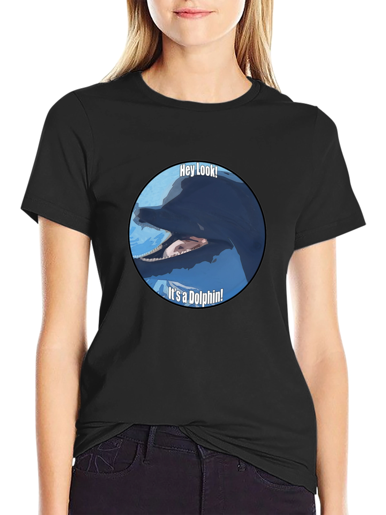 Black Funny Dolphin Graphic Print T-Shirt - Black view 2