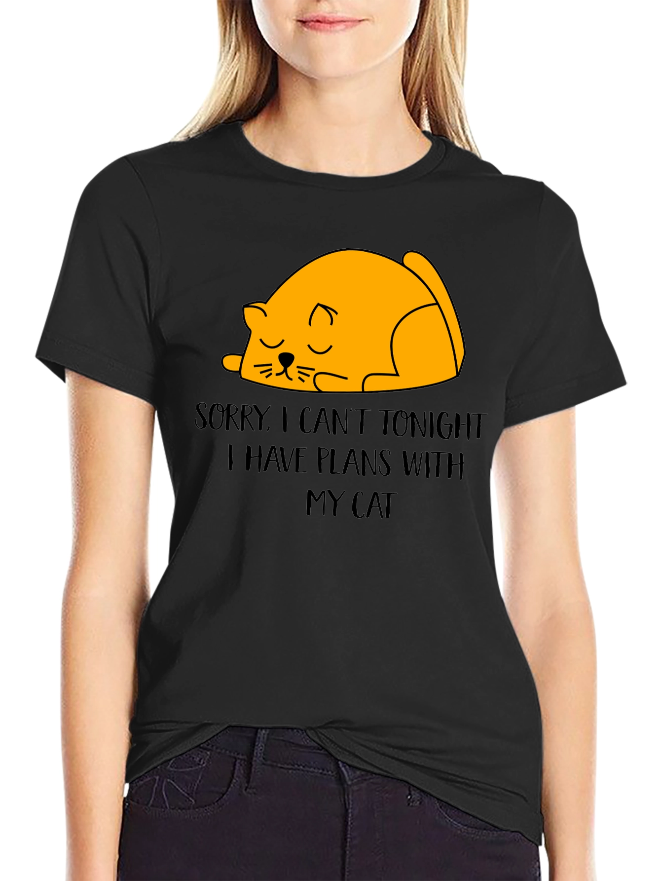Black Funny Cat Plans T-Shirt - Sorry, Can't Tonight view 2