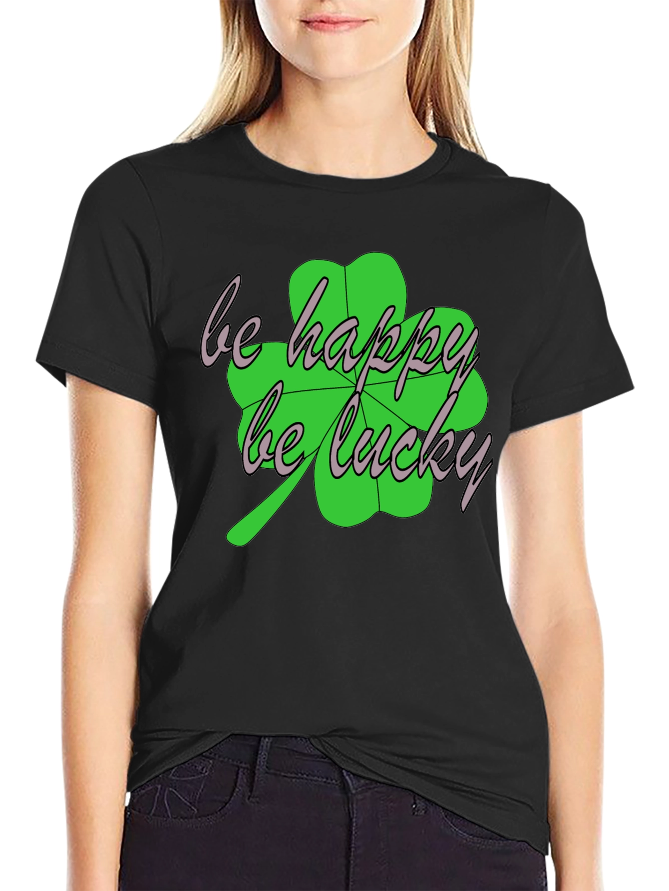 Black Lucky Clover Graphic Tee - Be Happy, Be Lucky T-Shirt view 2
