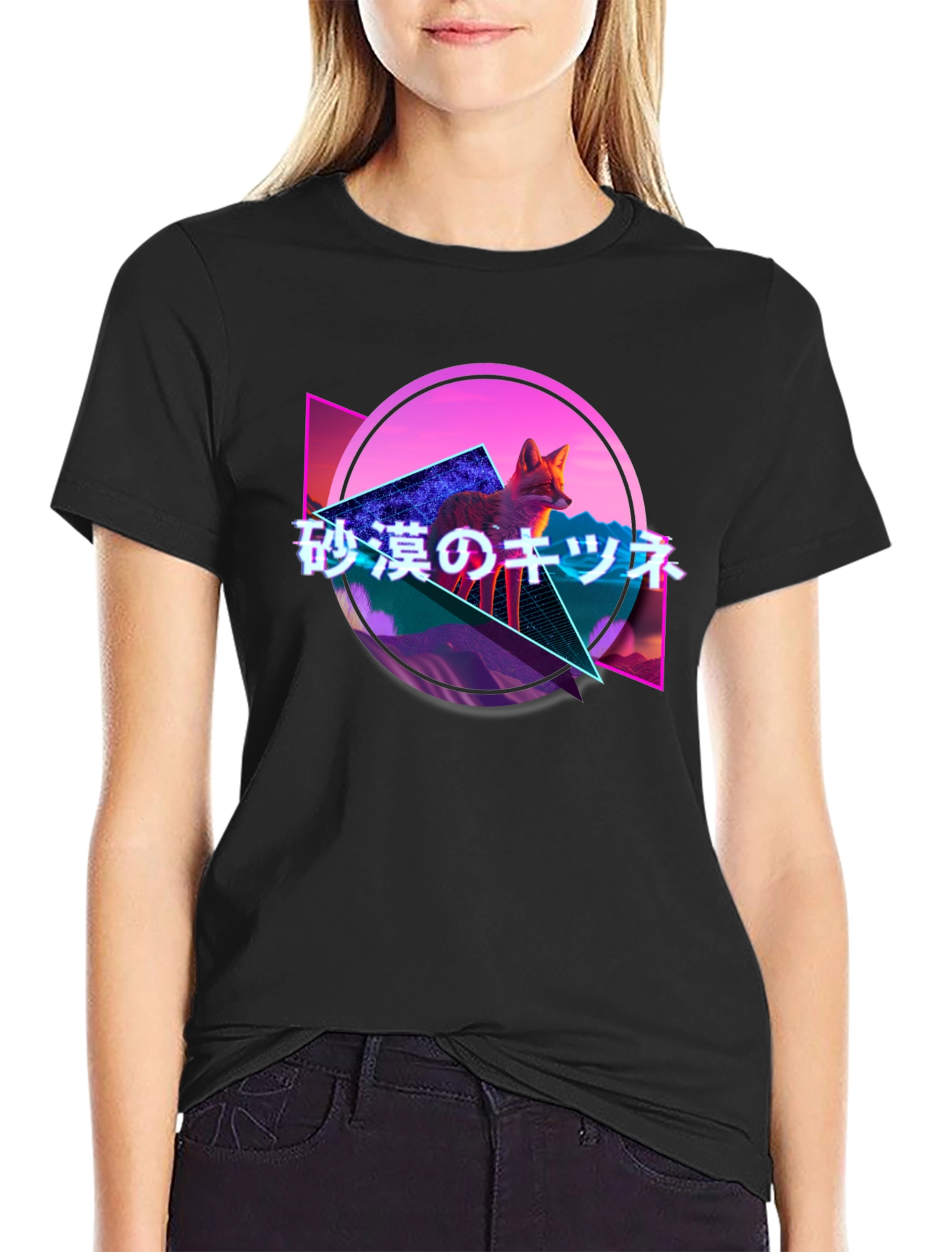 Black Retro Fox Graphic Tee - Japanese Text, Synthwave Design view 2