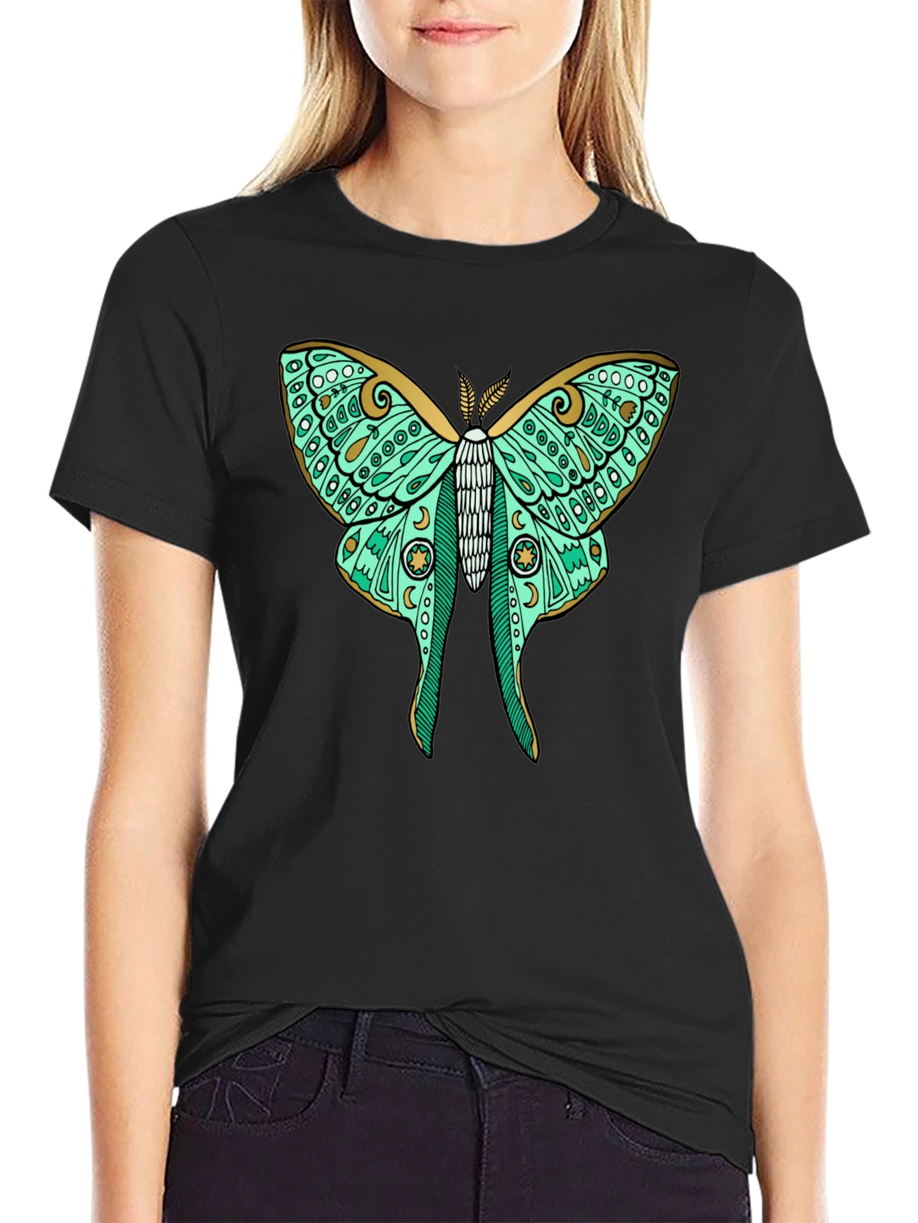 Black Luna Moth Graphic Tee - Black Cotton T-Shirt view 2