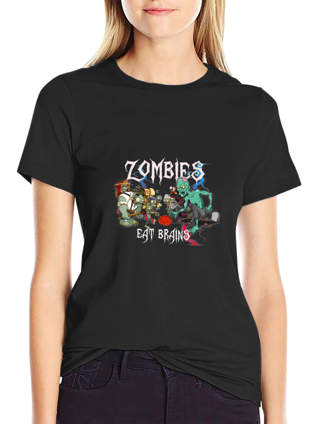 Black Zombies Eat Brains Graphic T-Shirt - Unique Design view 2