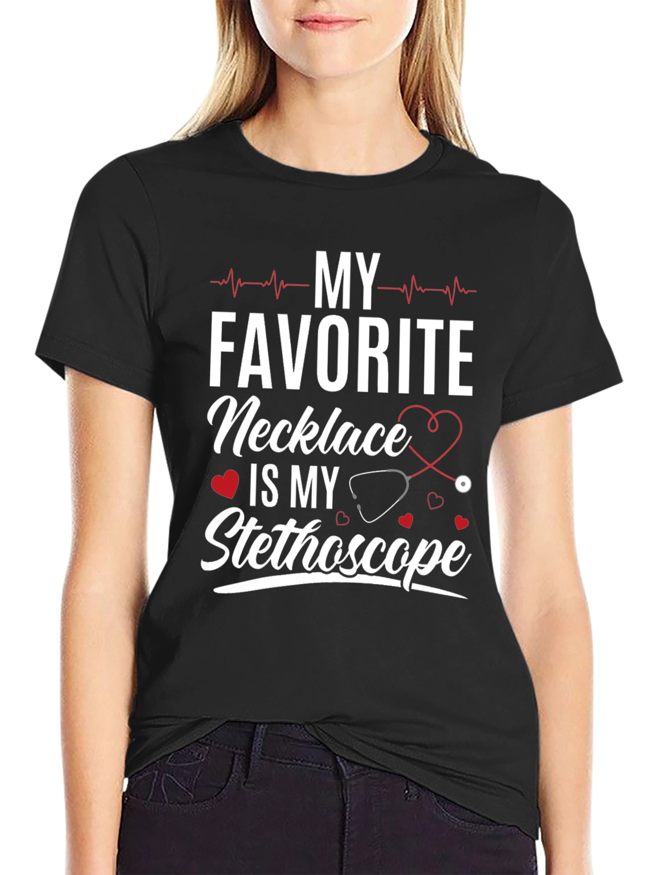Black My Favorite Necklace Stethoscope Tee view 2