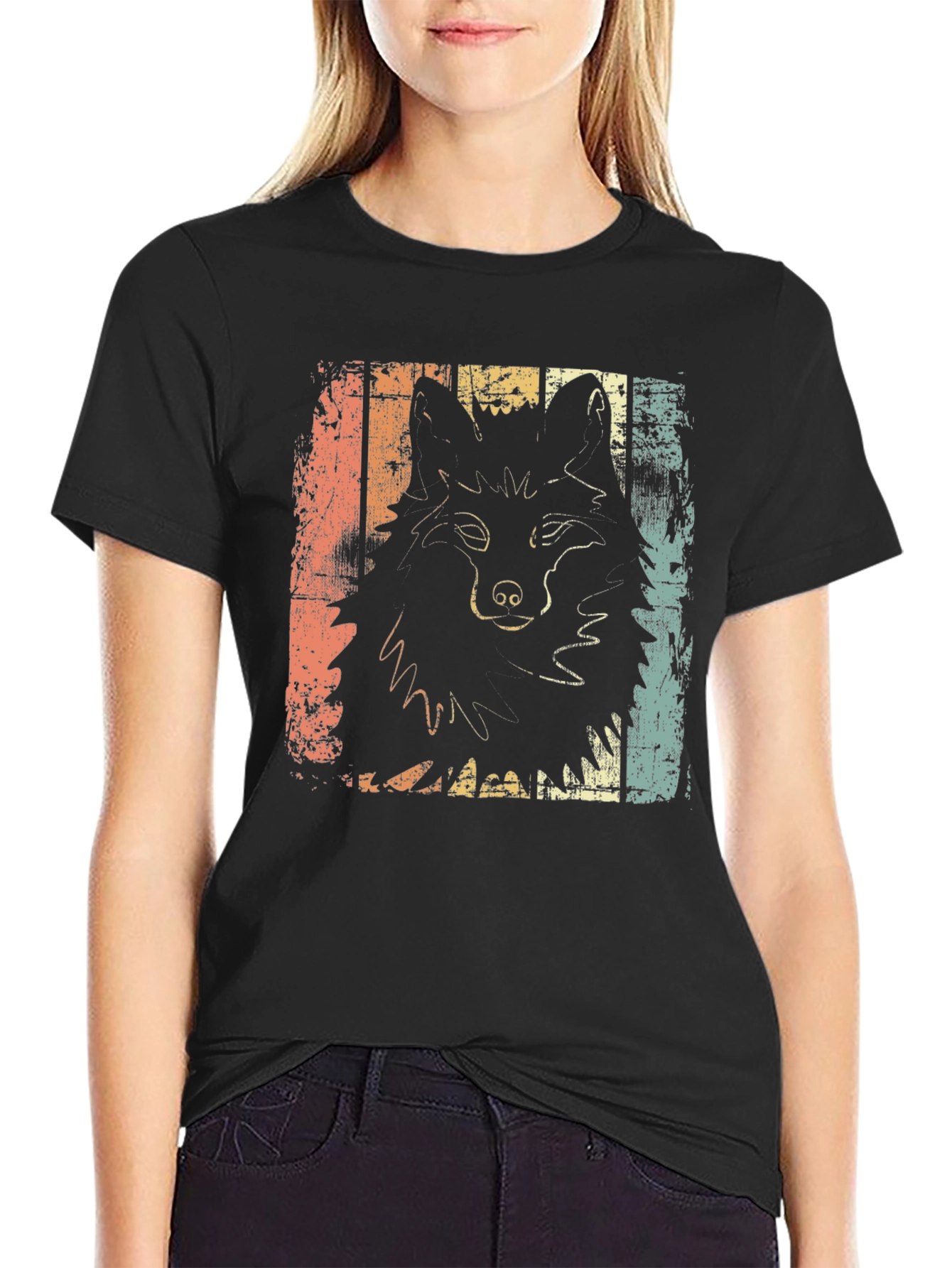 Black Retro Wolf Graphic Tee - Distressed Style view 2