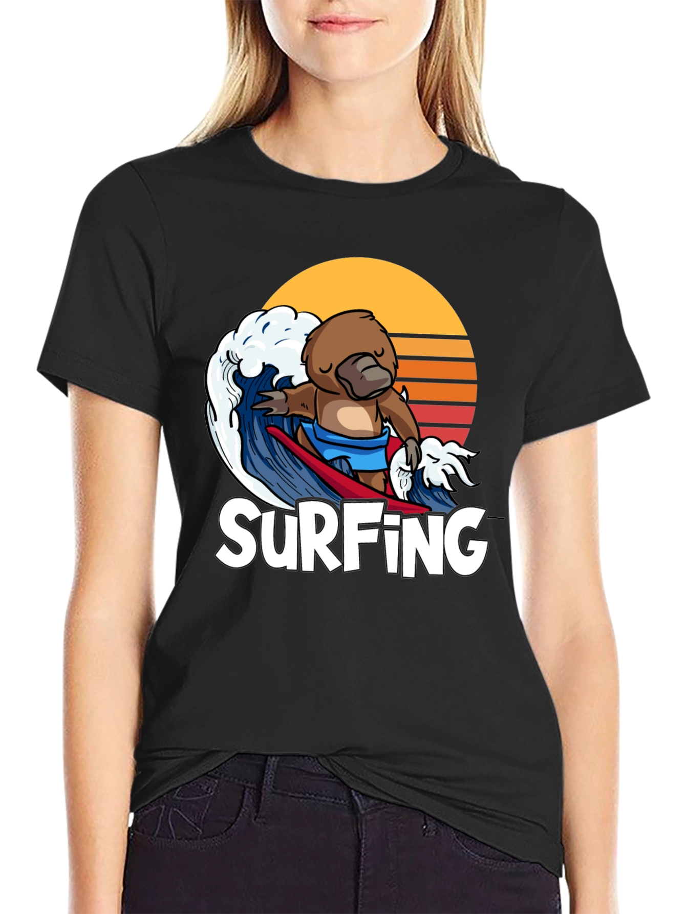 Black Surfing Platypus T-Shirt - Retro Wave Design view 2