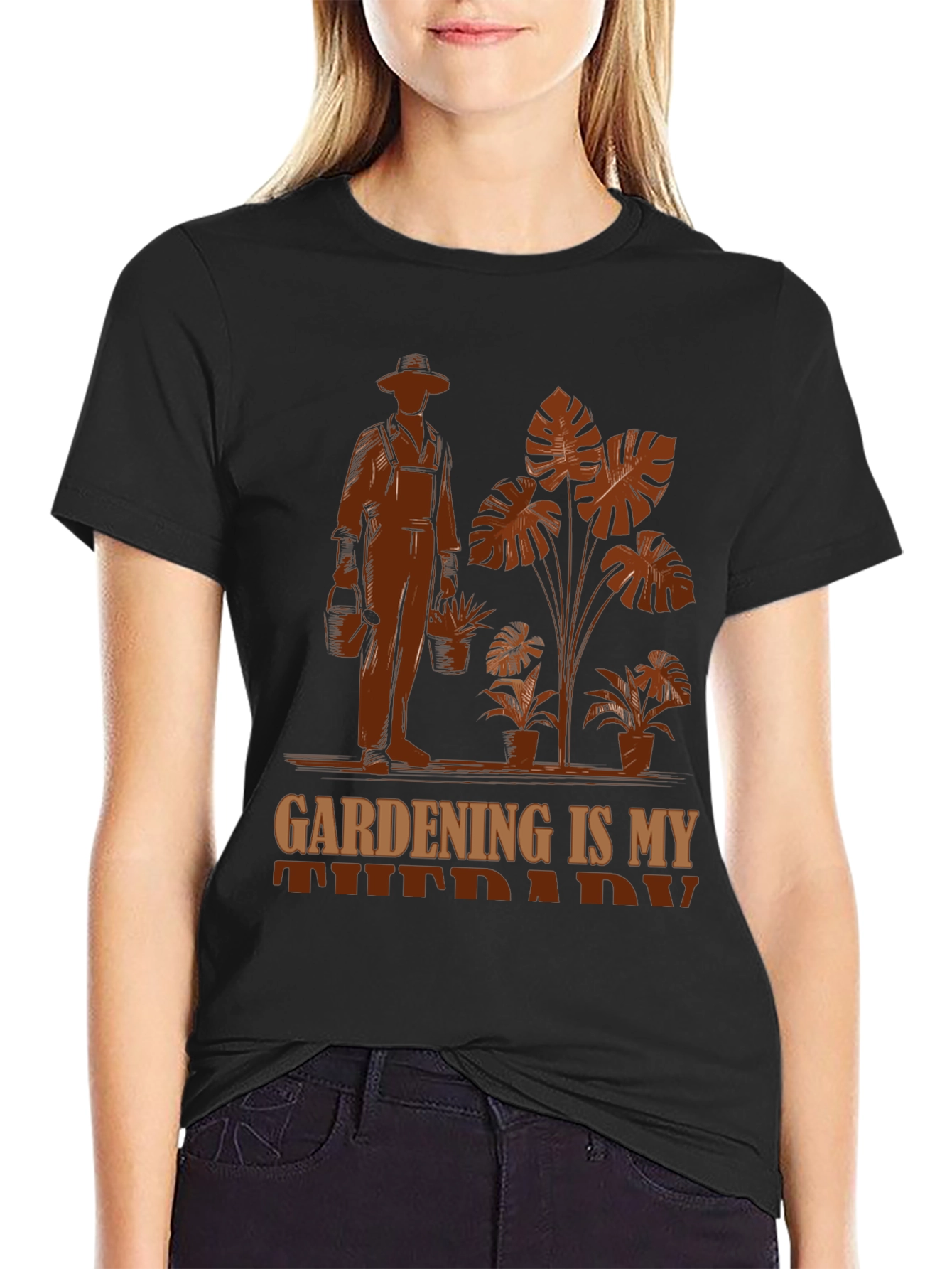 Black Gardening Is My Therapy T-Shirt - Gardener Gift view 2