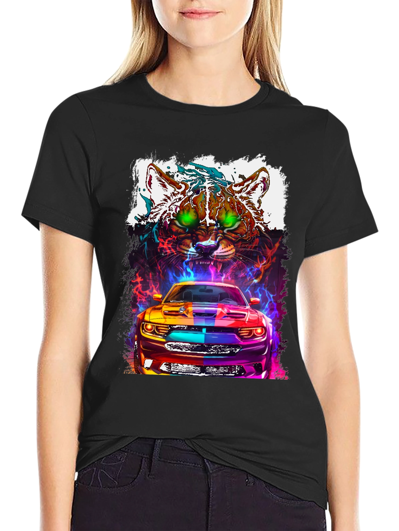 Black Car and Cat Graphic Tee - Cool Design view 2