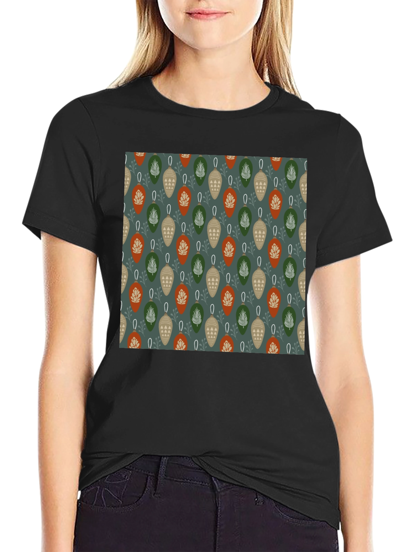 Black Festive Ornament Pattern T-Shirt view 2