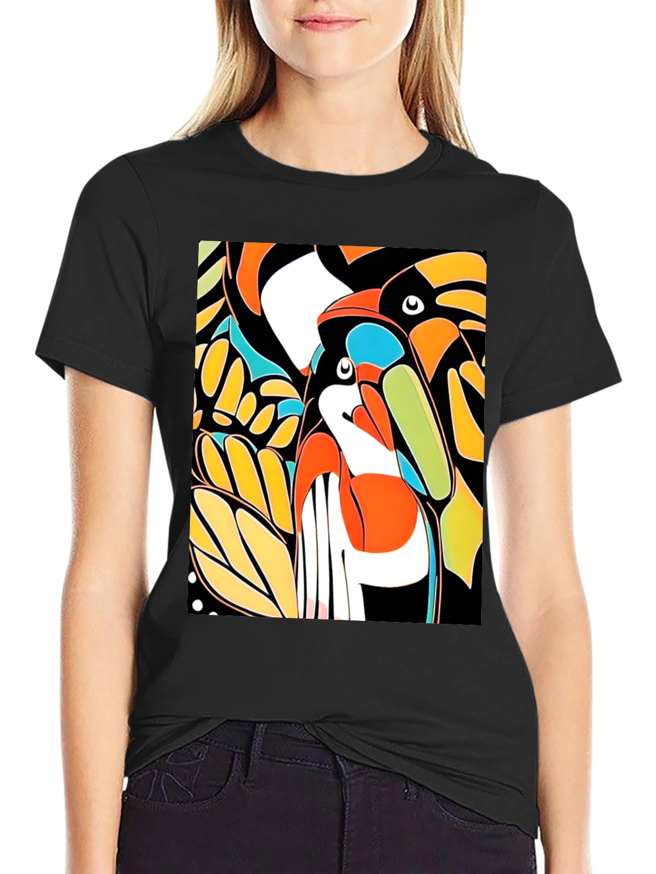 Black Abstract Toucan Print Black T-Shirt view 2