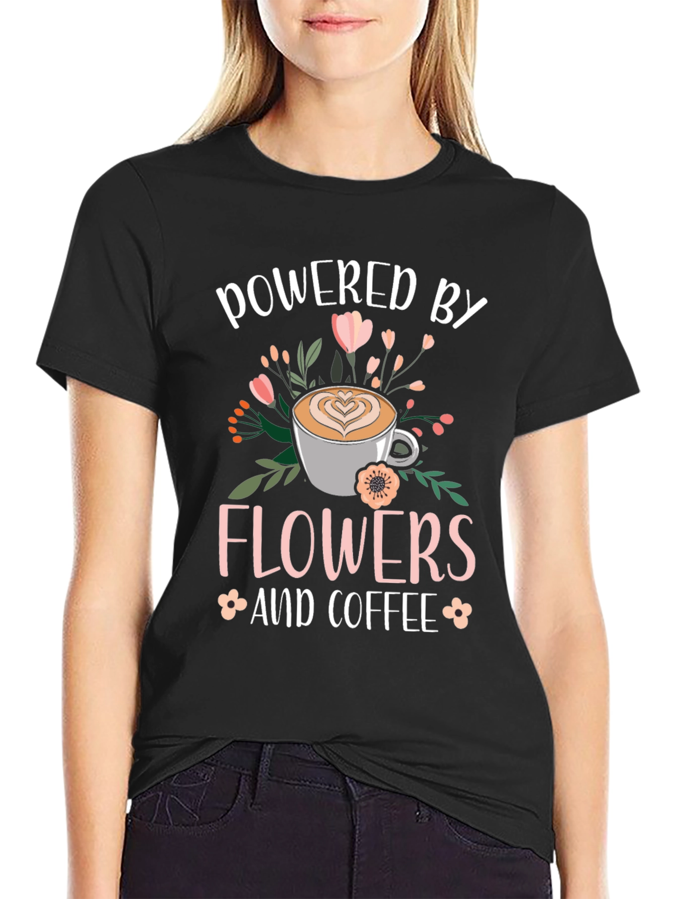 Black Powered By Flowers and Coffee Graphic Tee view 2