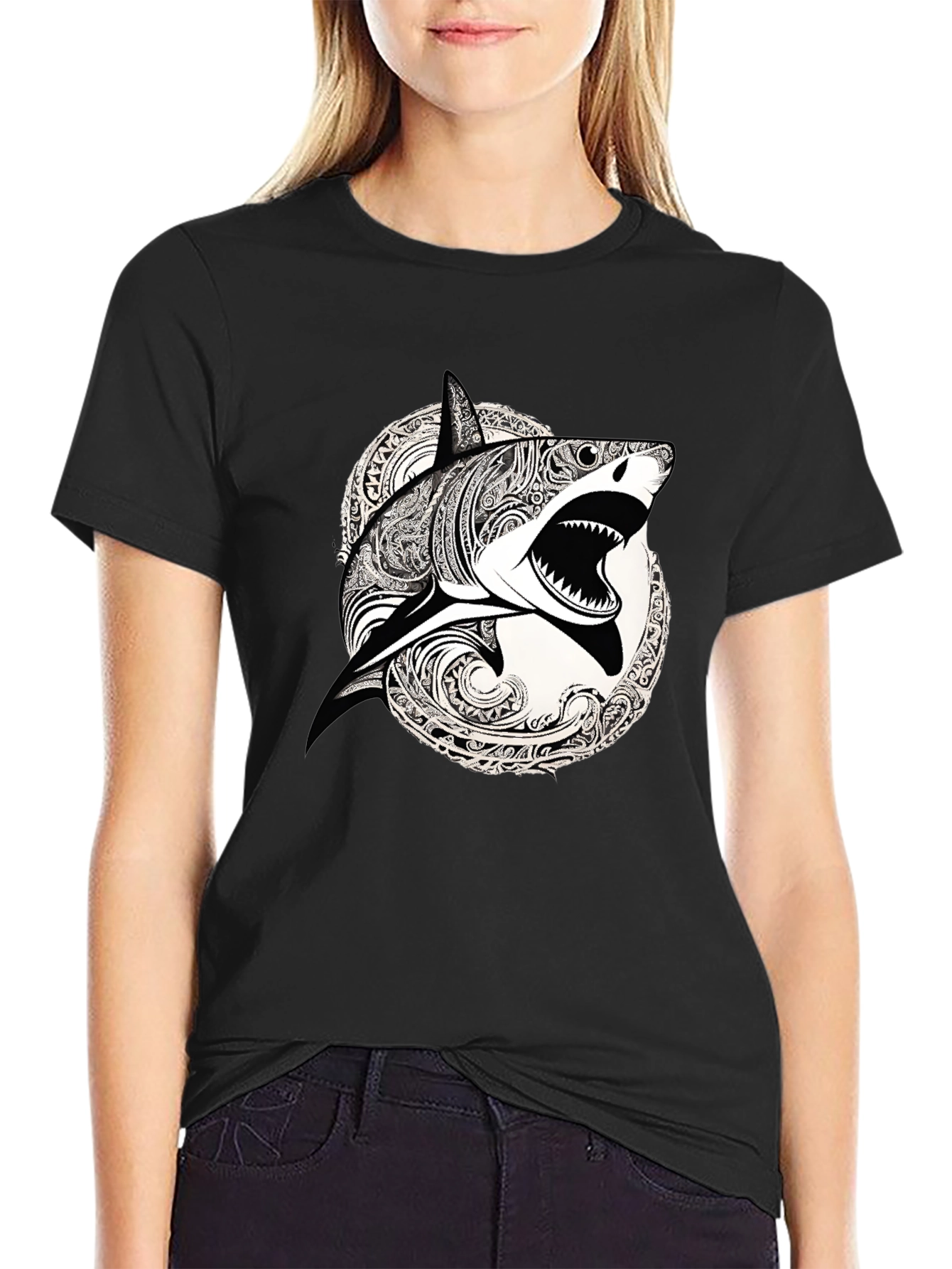 Black Shark Graphic Print Black T-Shirt view 2