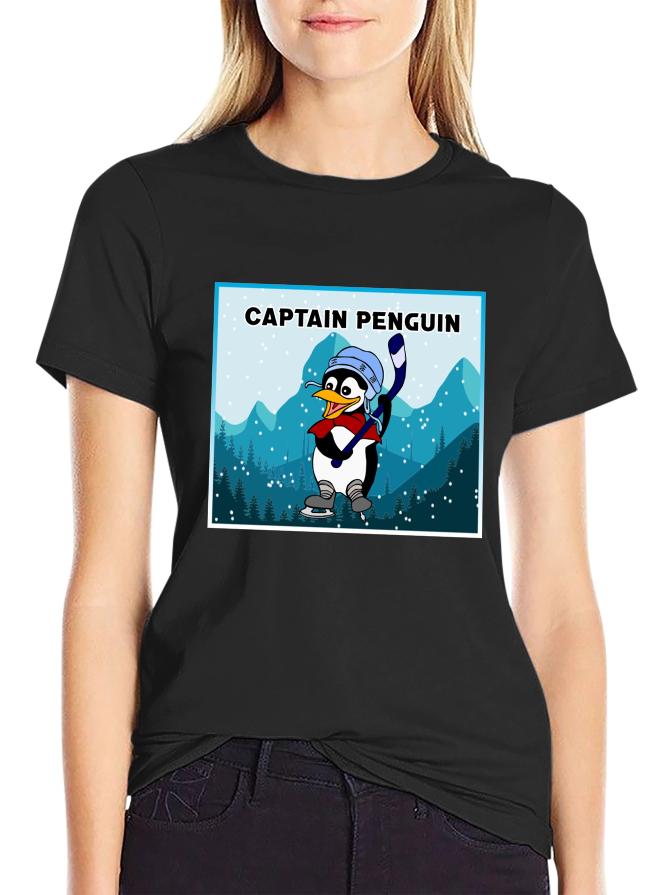 Black Captain Penguin Graphic Tee - Black Cotton T-Shirt view 2