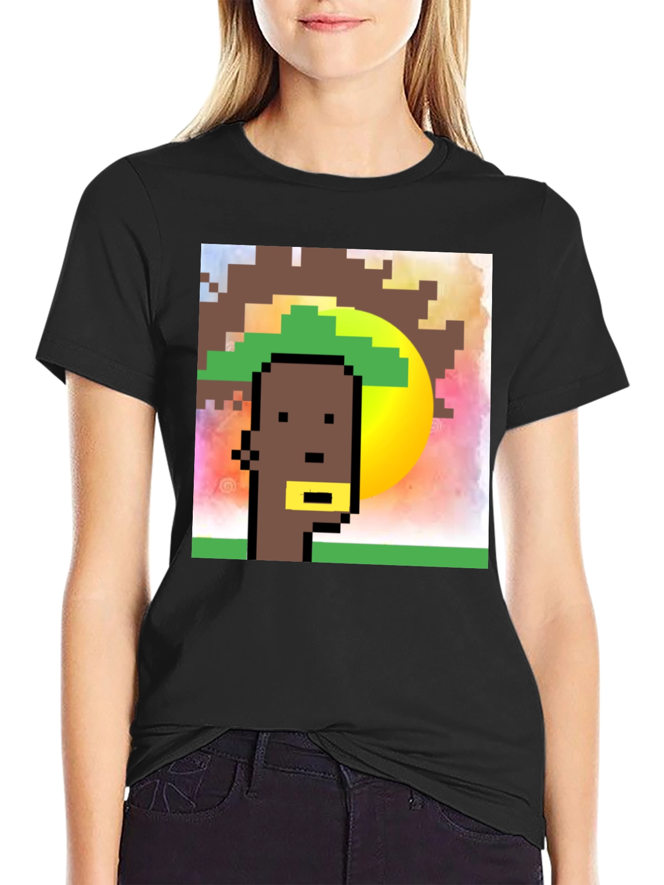 Black Pixelated Character Graphic Tee - Black Cotton Blend view 2