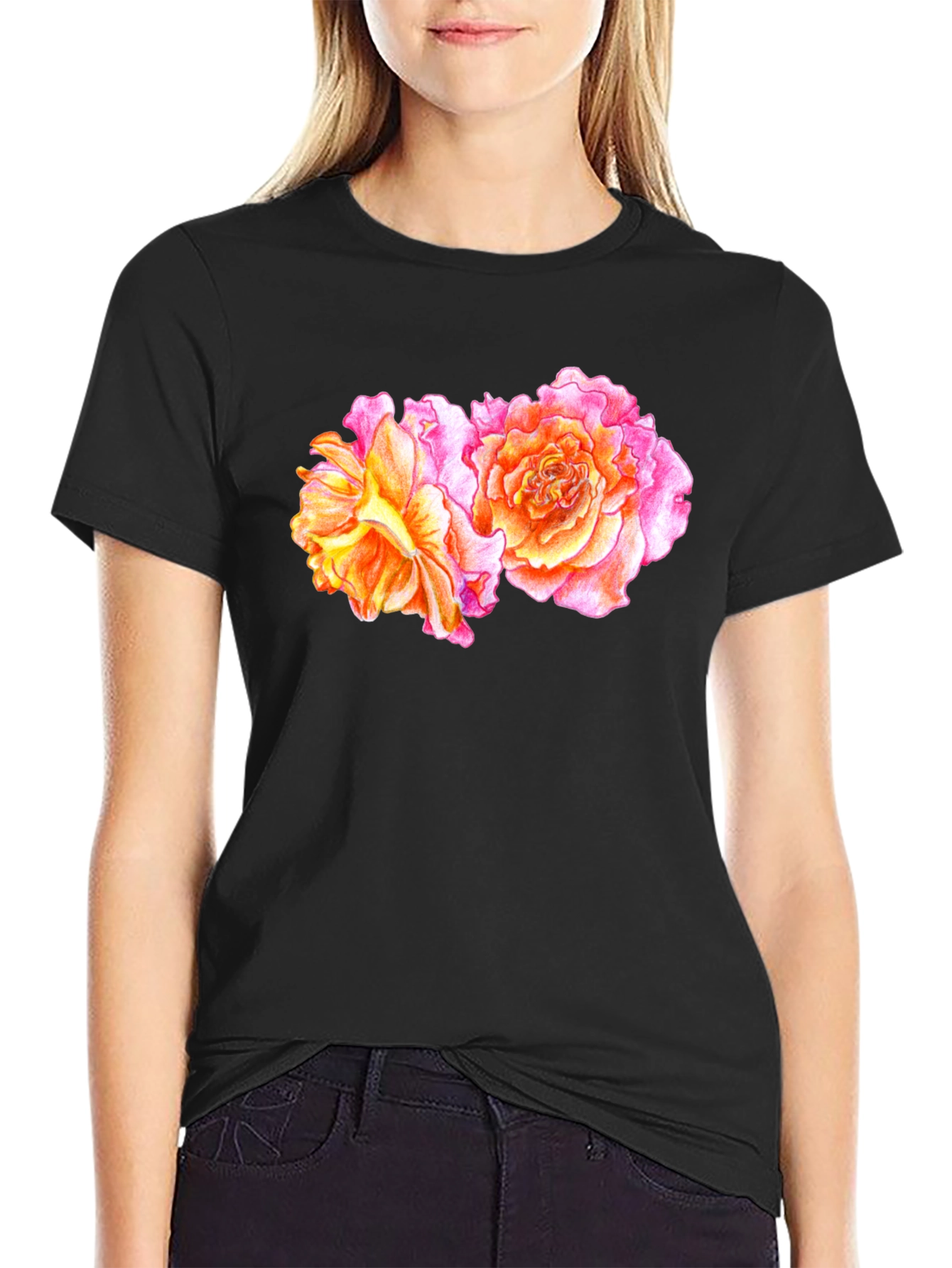 Black Floral Rose T-Shirt - Black view 2