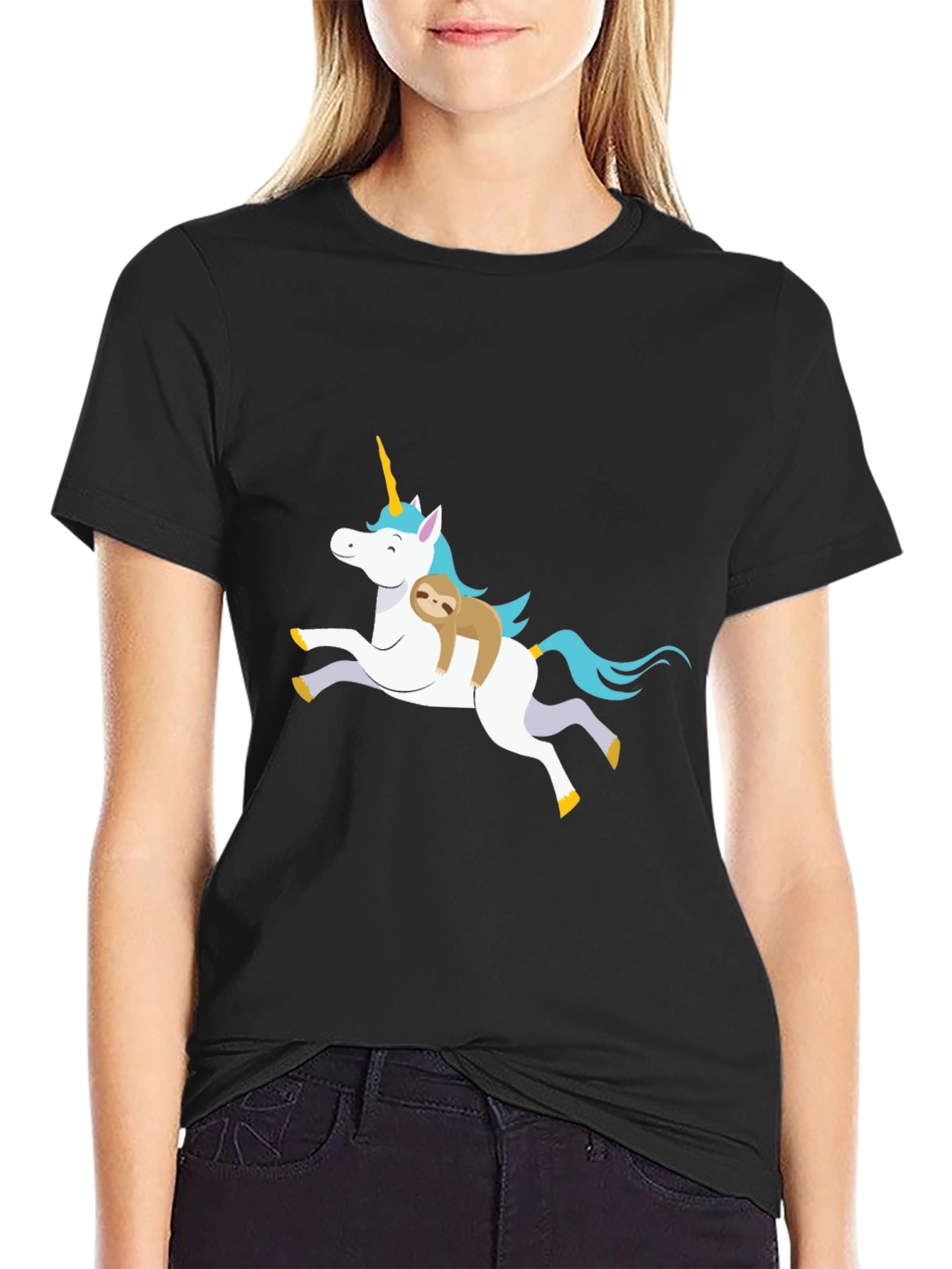 Black Unicorn Sloth Graphic T-Shirt, Black view 2