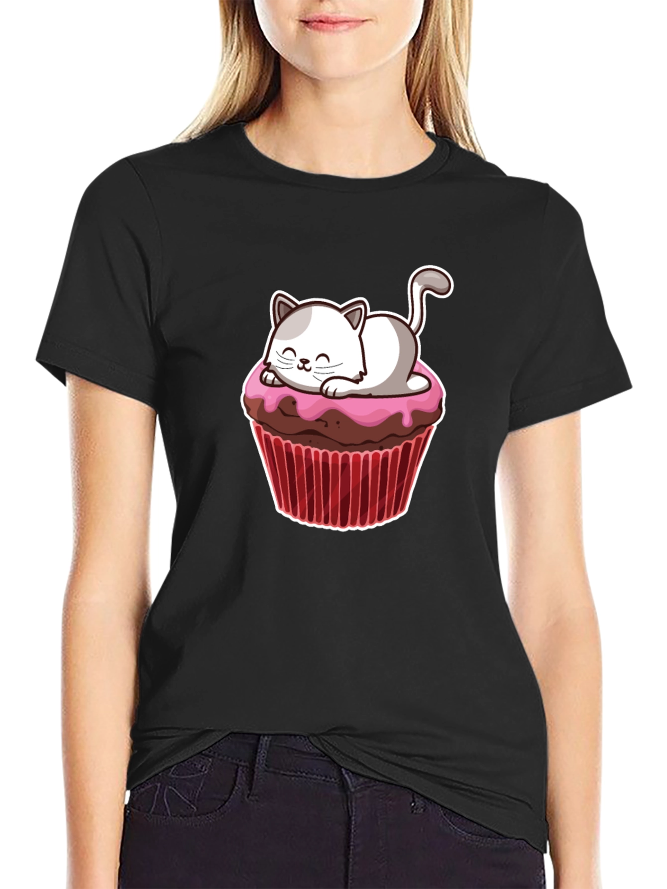 Black Cute Cat Cupcake T-Shirt - Fun & Sweet Design view 2