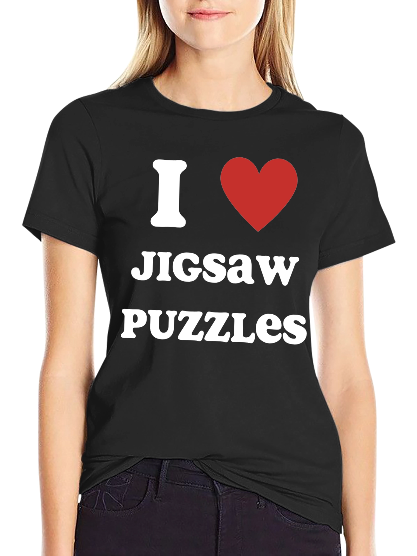 Black I Heart Jigsaw Puzzles T-Shirt - Black Cotton Tee view 2