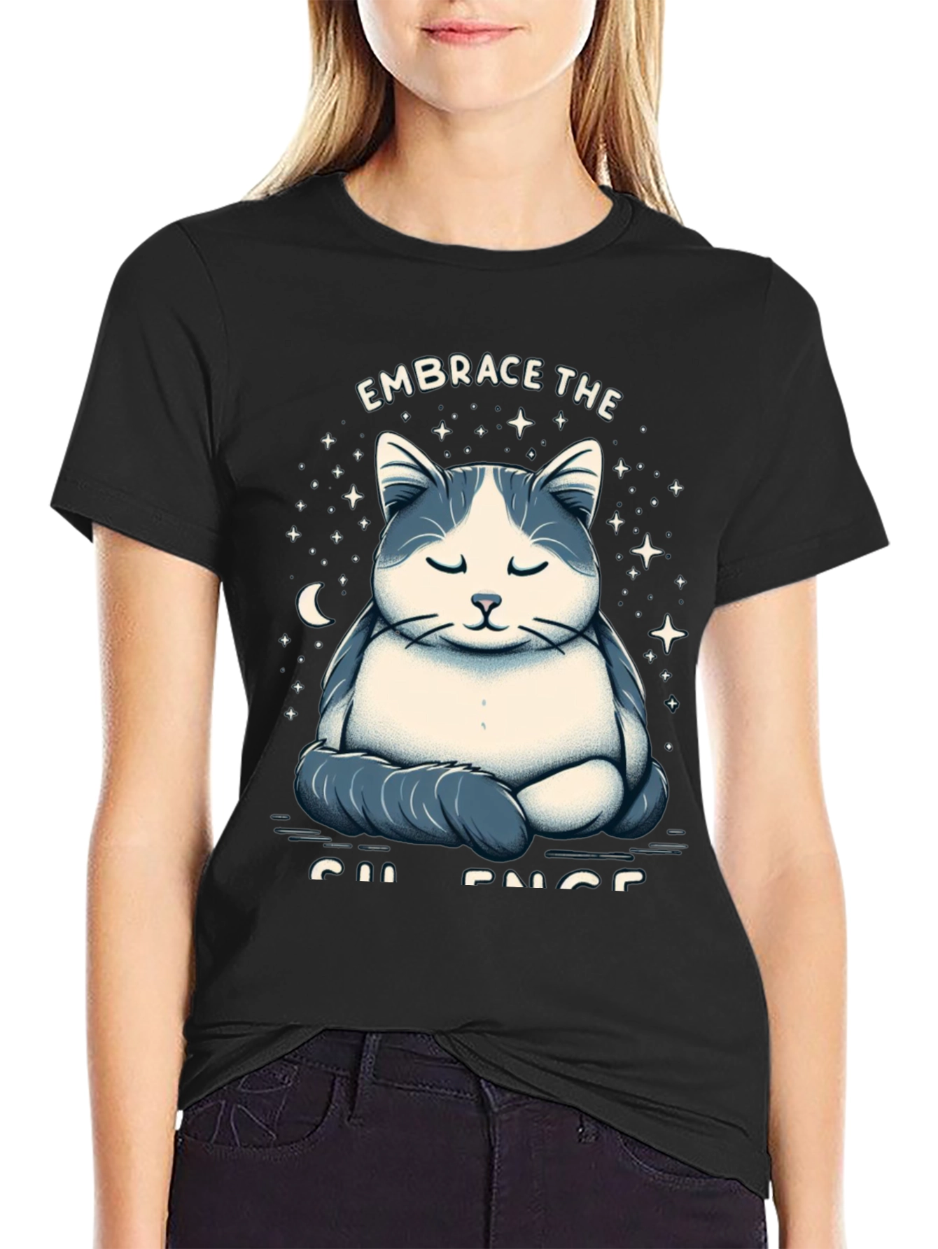 Black Zen Cat Meditation Graphic T-Shirt view 2
