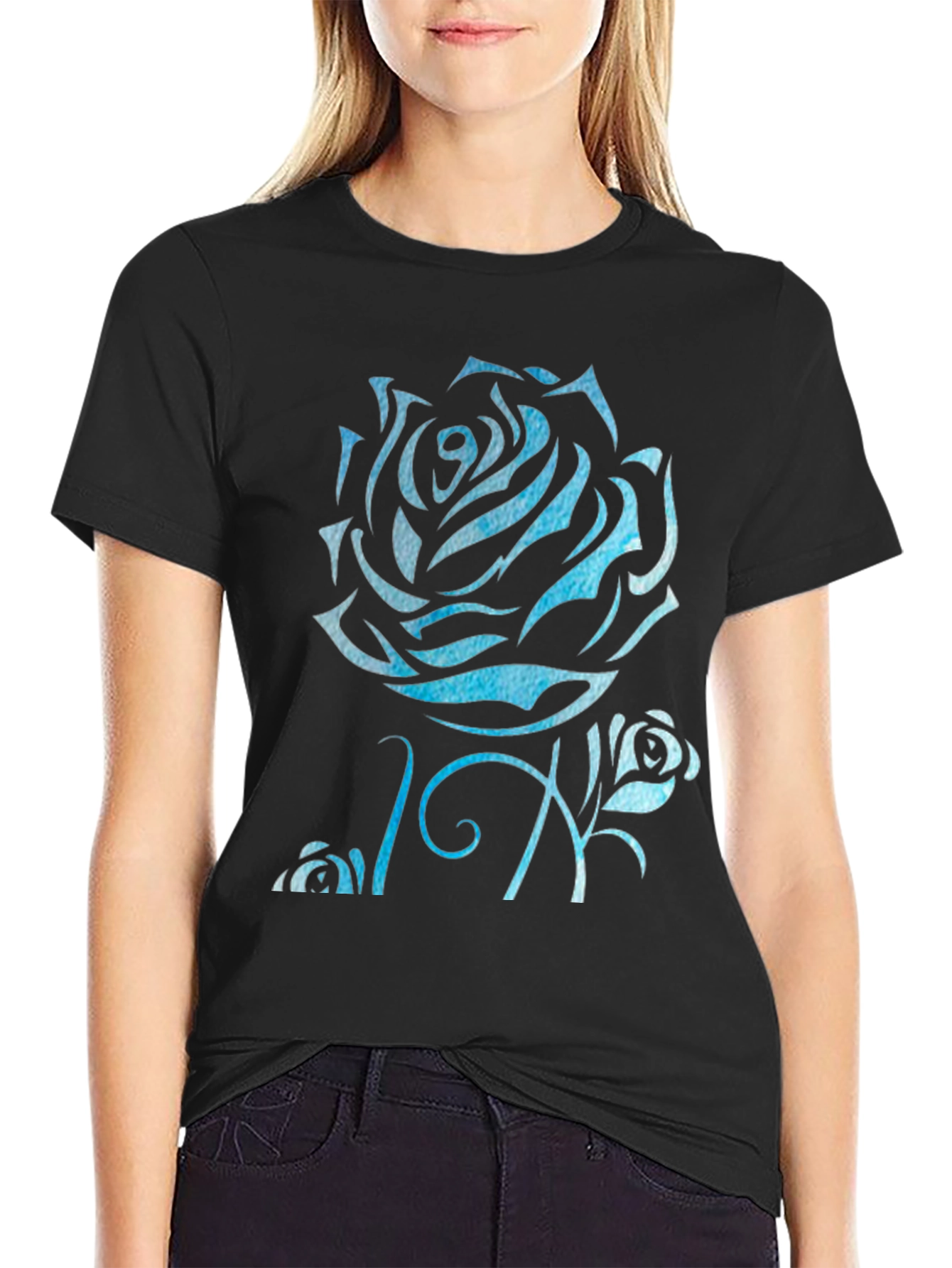 Black Blue Rose Graphic Black T-Shirt view 2