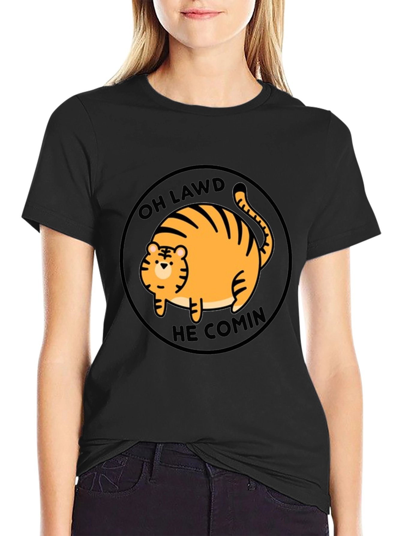 Black Oh Lawd He Comin' Cat T-Shirt - Funny Round Orange Tabby Tee view 2