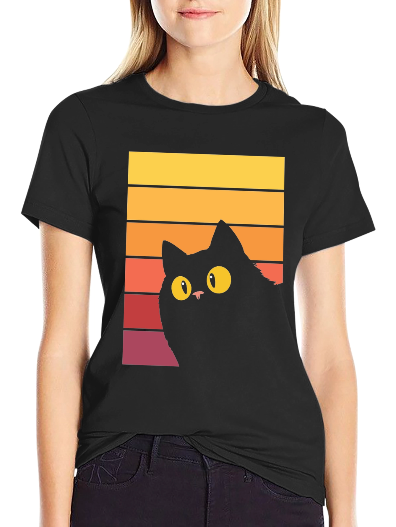 Black Retro Cat Graphic Tee - Vintage Style Black Cat T-Shirt view 2
