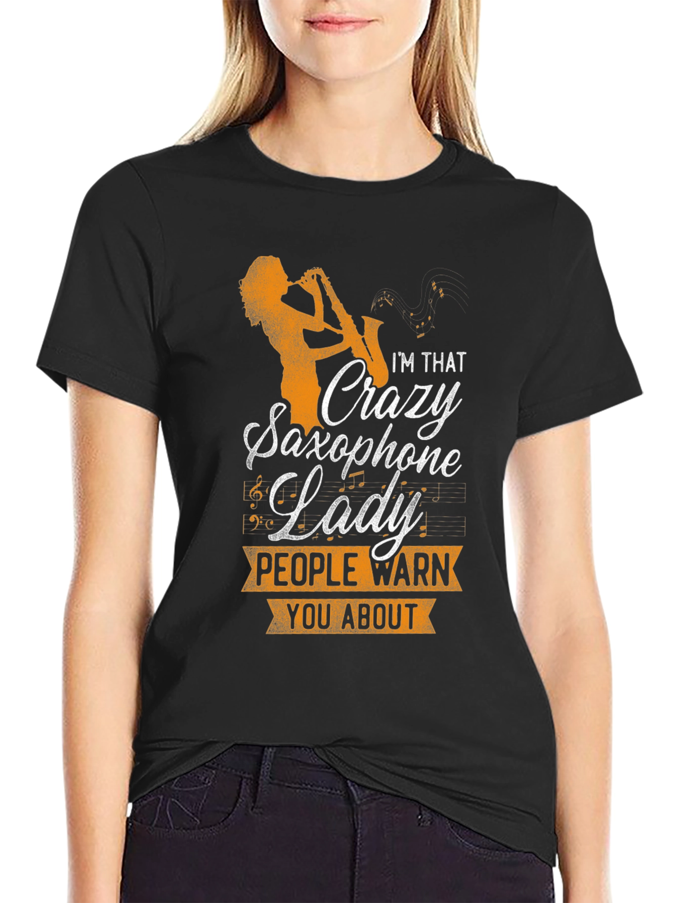 Black Crazy Saxophone Lady Graphic T-Shirt view 2