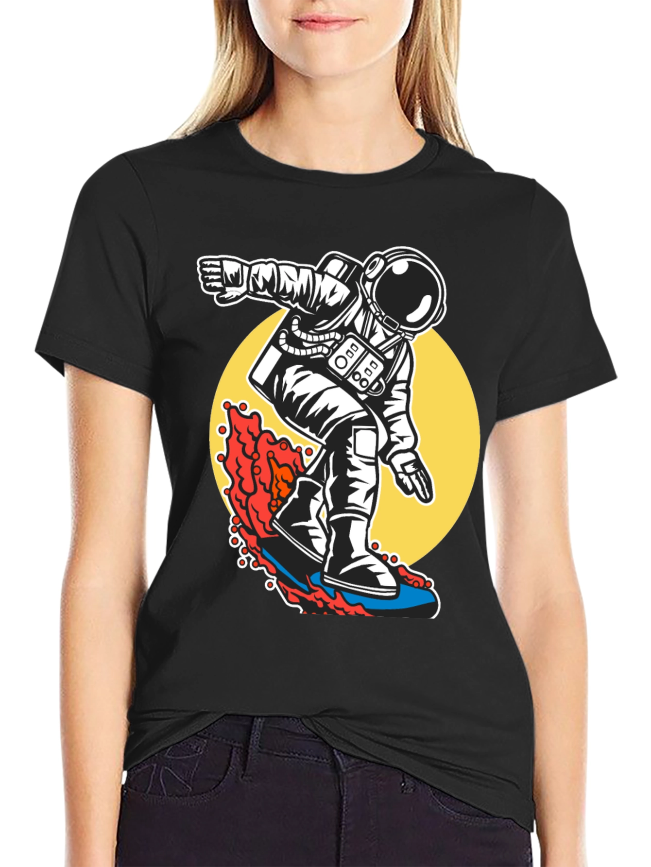 Black Surfing Astronaut T-Shirt - Ride the Waves of Space! view 2