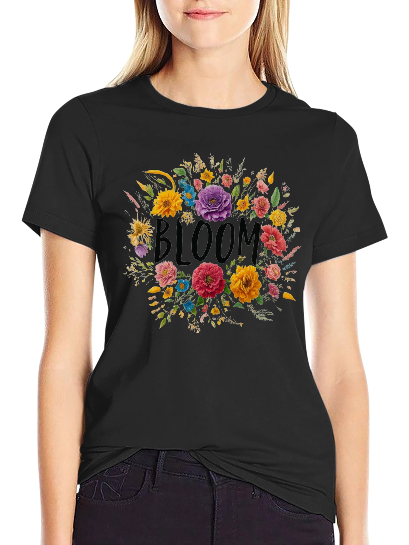 Black Floral Bloom Graphic Black T-Shirt view 2
