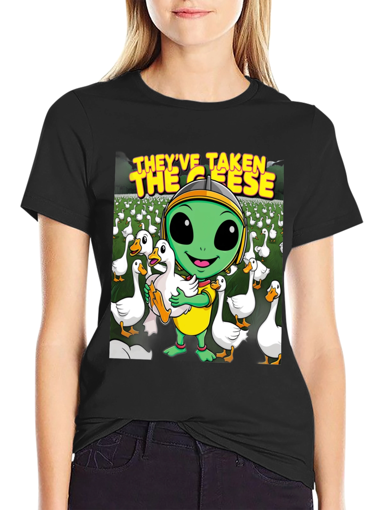 Black Alien Goose T-Shirt - They've Taken the Geese! view 2