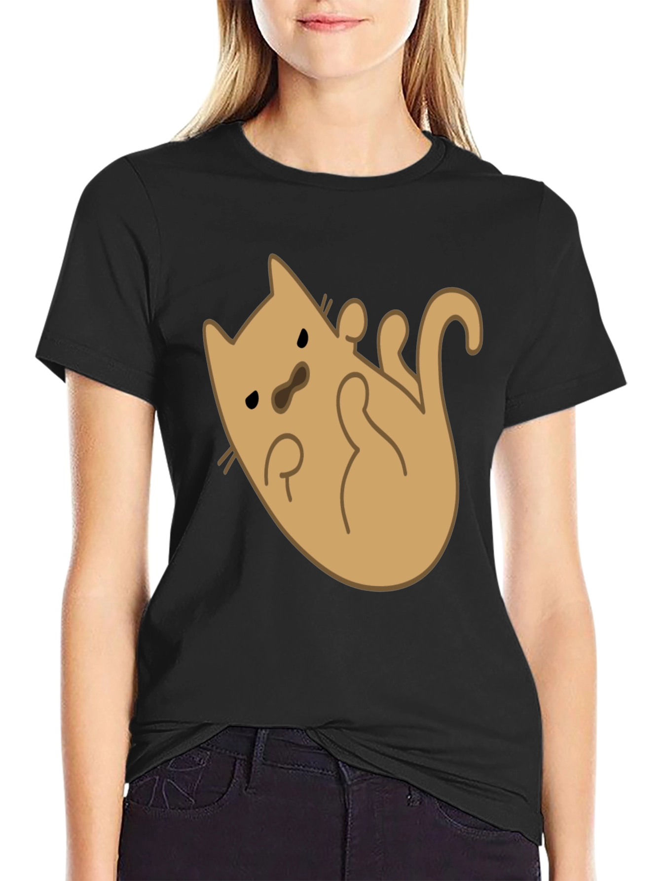 Black Cute Cat Cartoon Graphic T-Shirt - Black Cotton Tee view 2