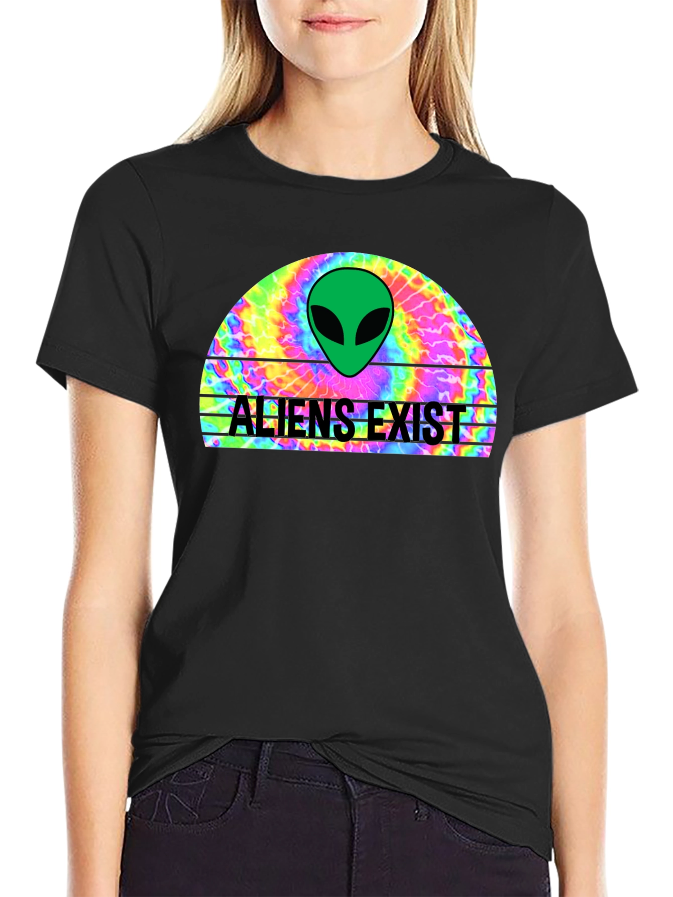 Black Aliens Exist Graphic T-Shirt - Retro Tie Dye Design view 2