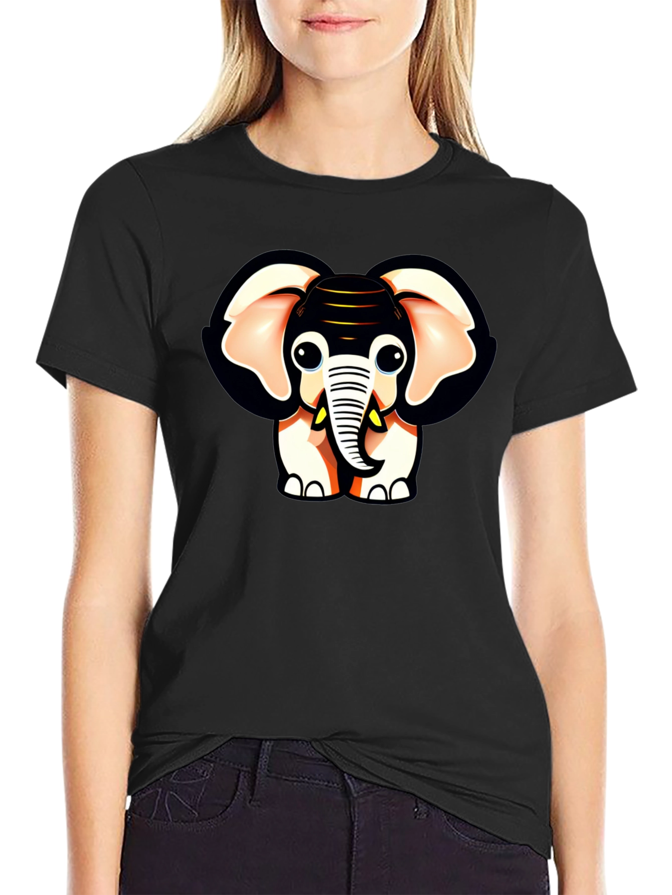 Black Cute Cartoon Elephant Graphic Black T-Shirt view 2
