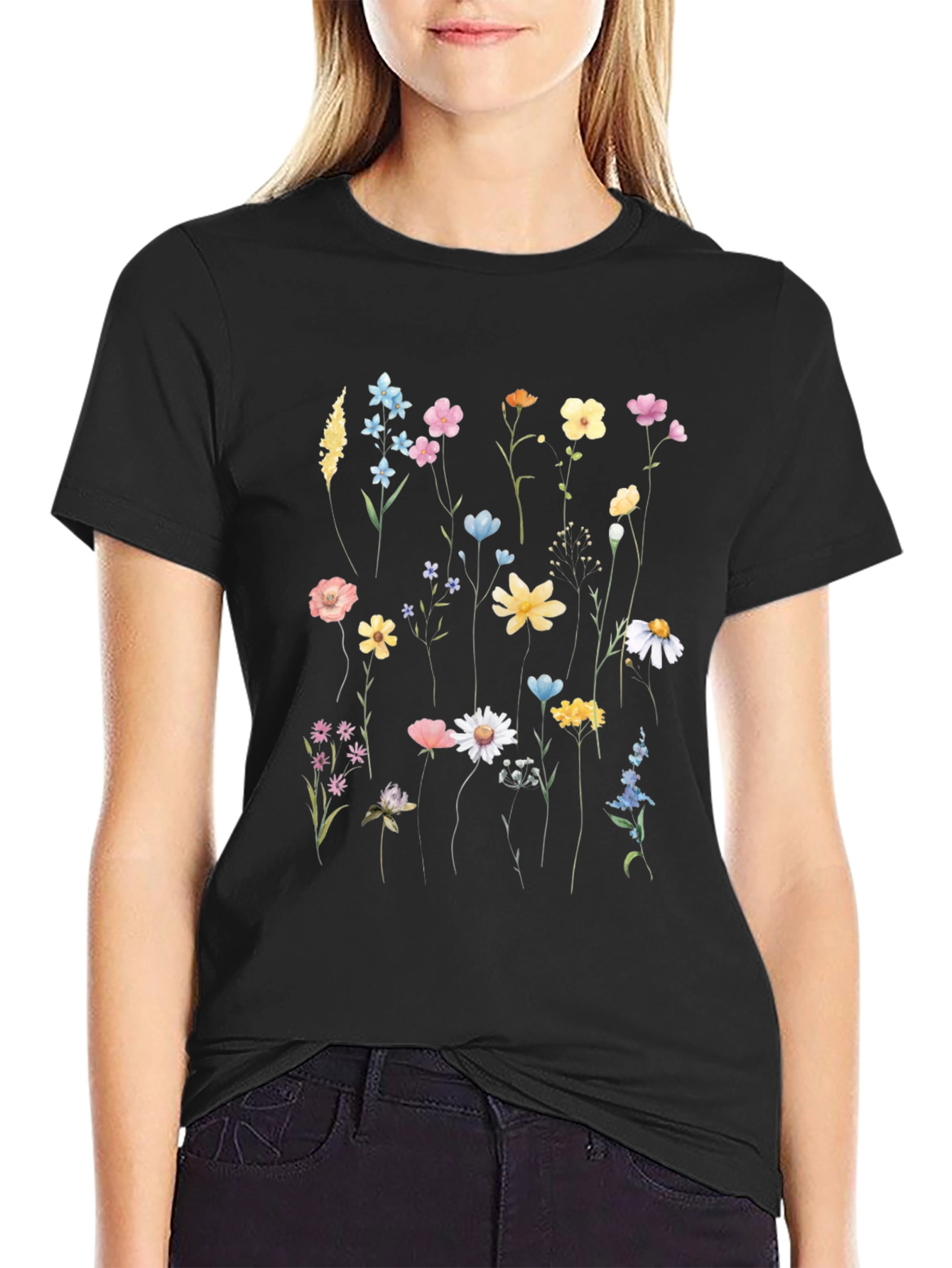 Black Floral Print Black T-Shirt view 2