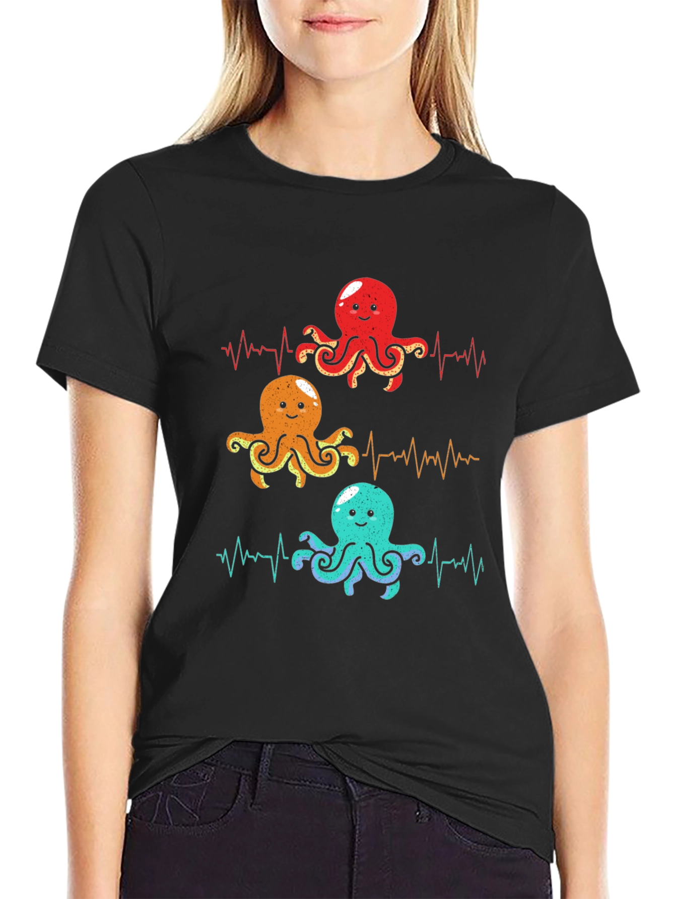 Black Octopus Heartbeat Graphic T-Shirt - Sea Life Tee view 2