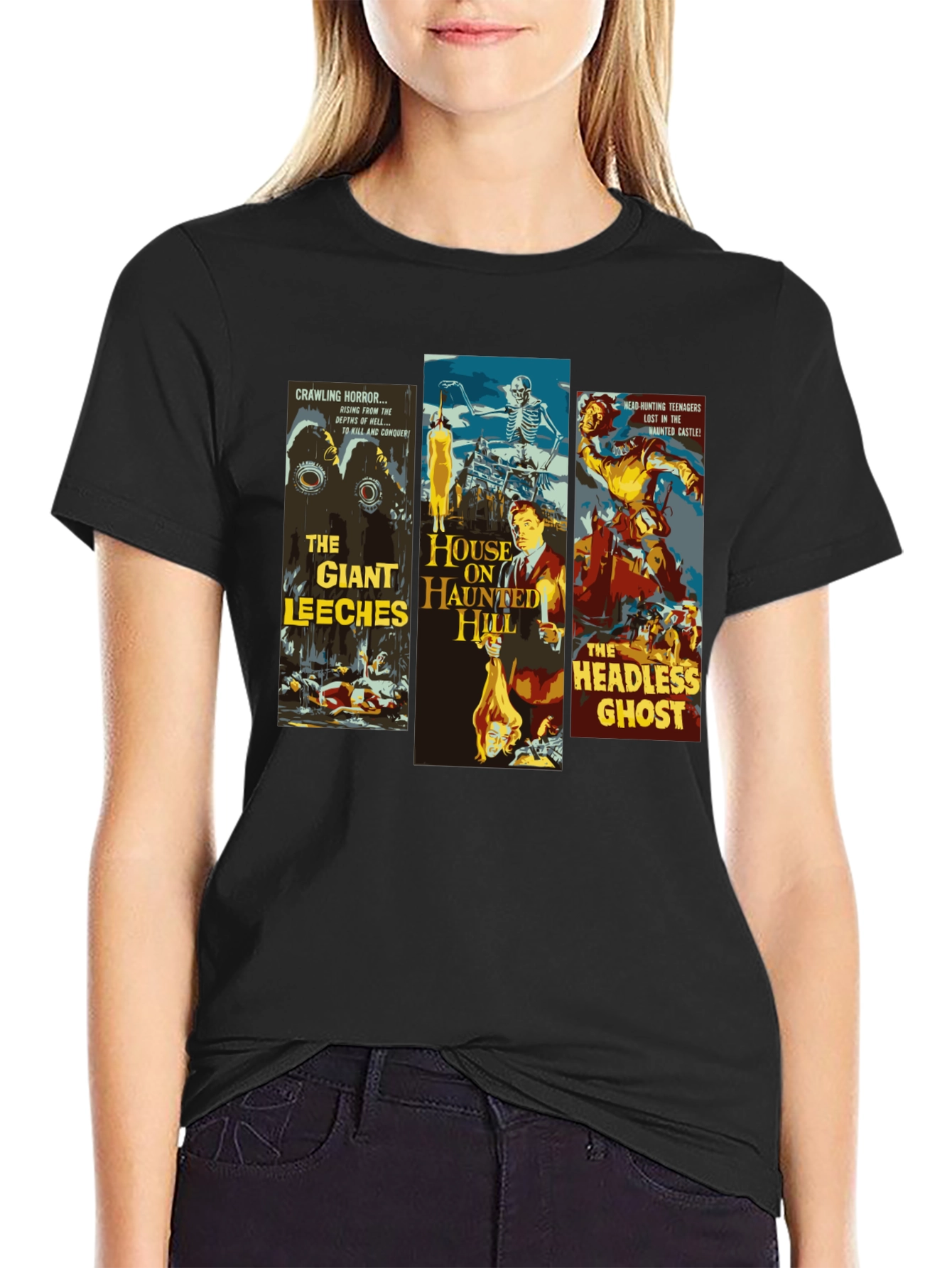 Black Horror Movie Poster Collage Graphic T-Shirt view 2