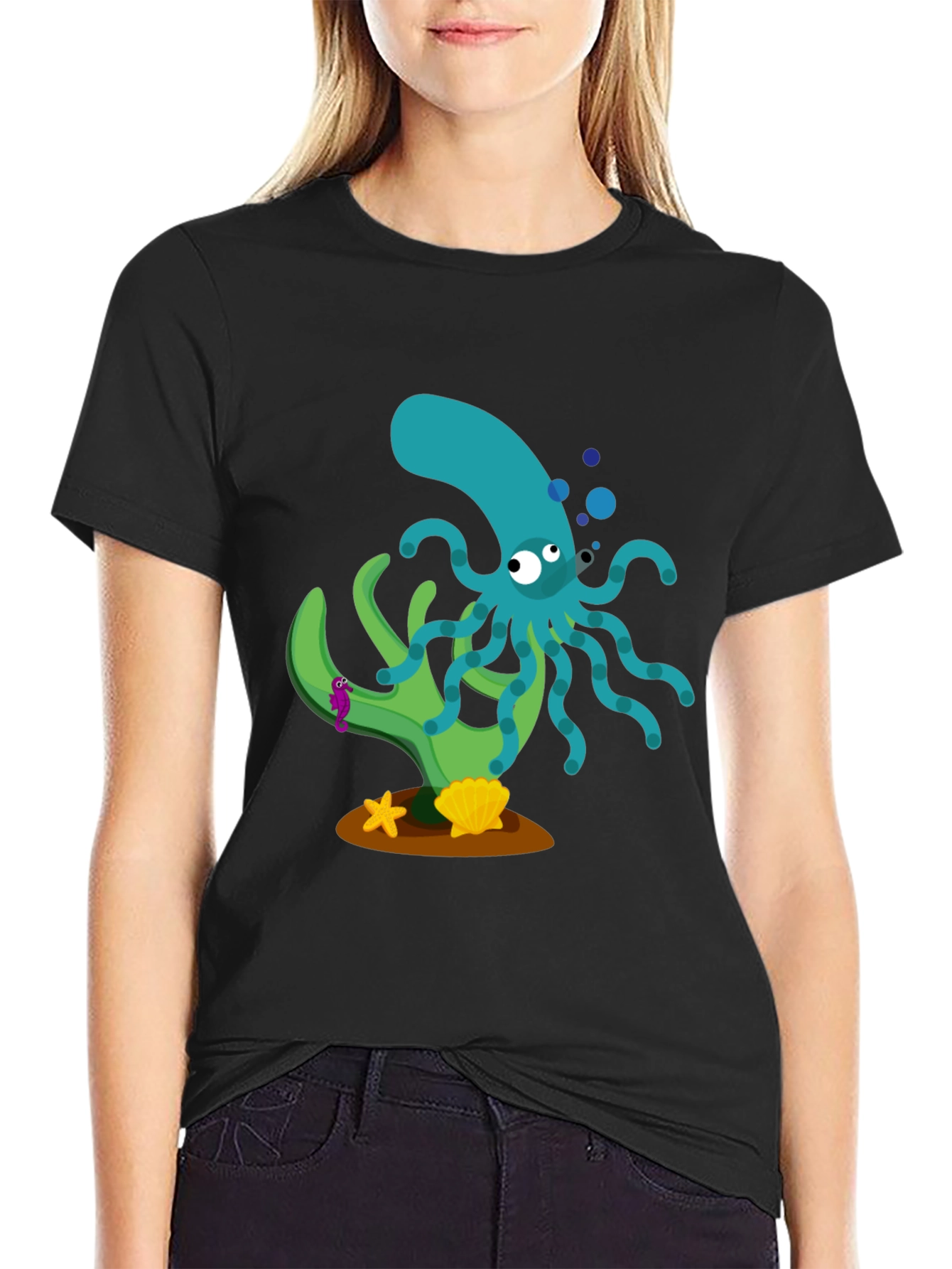 Black Cartoon Octopus Graphic Print Black T-Shirt view 2