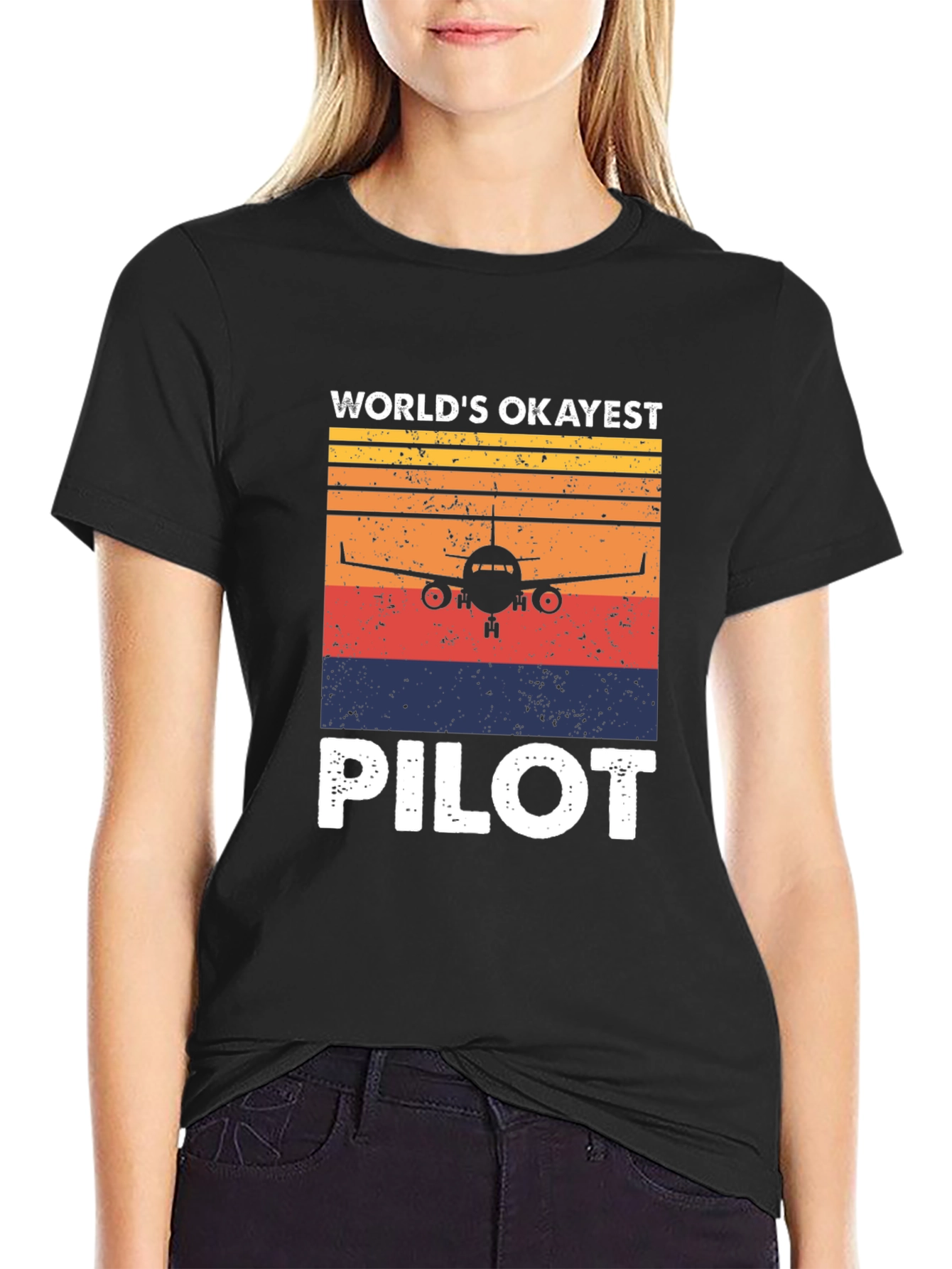 Black World's Okayest Pilot Retro T-Shirt view 2