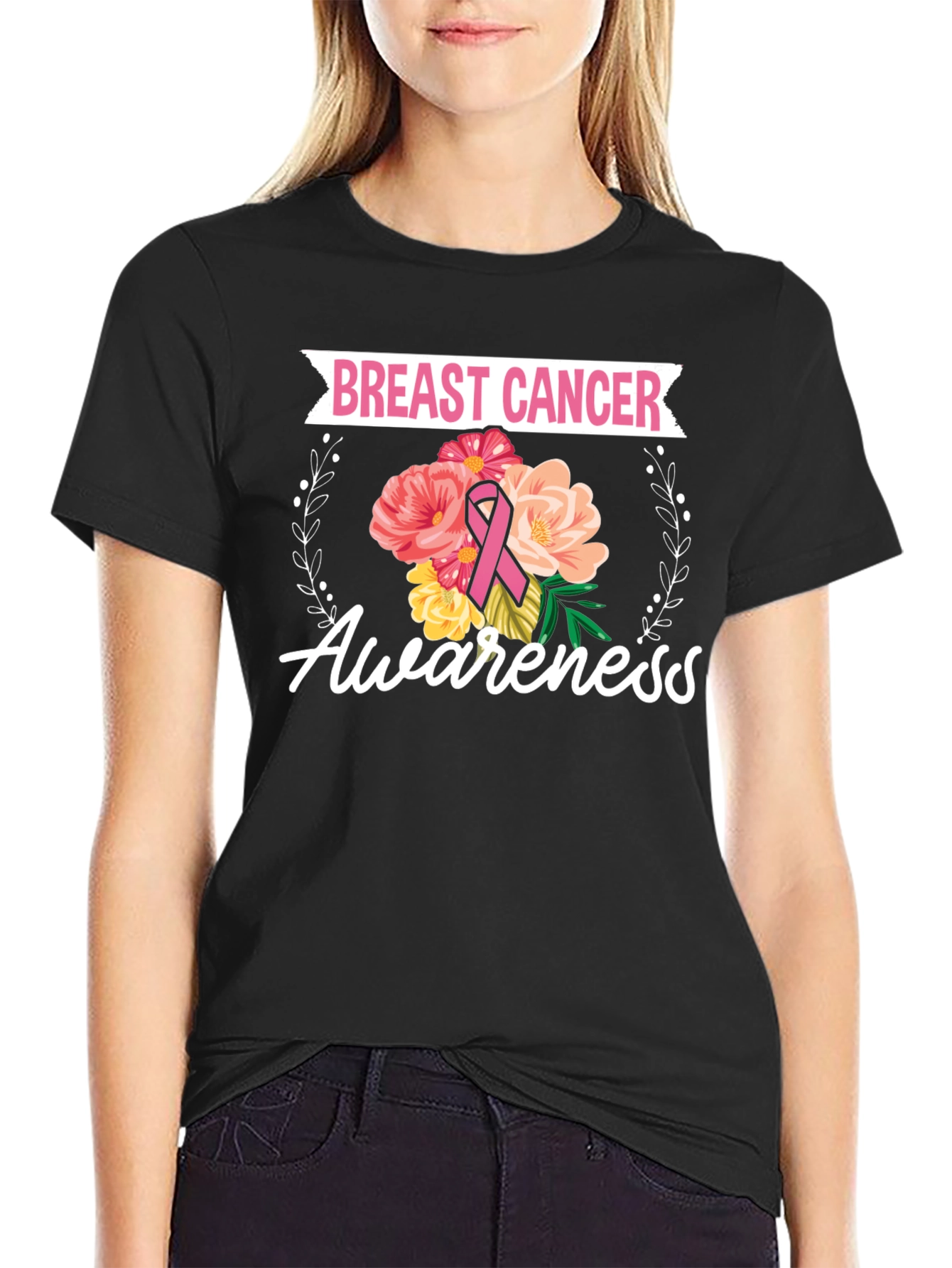 Black Breast Cancer Awareness Floral T-Shirt view 2