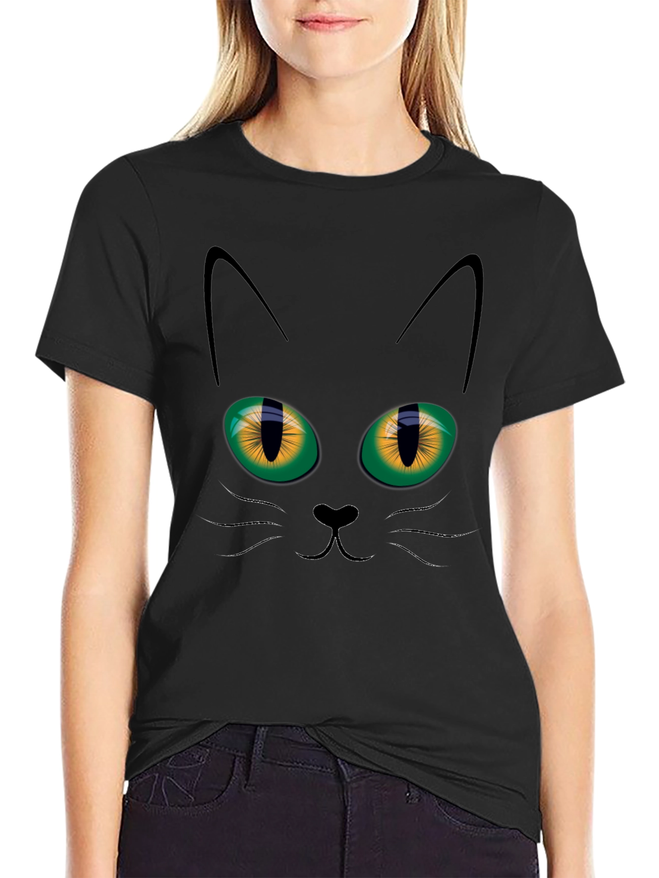 Black Black Cat Face Graphic T-Shirt view 2