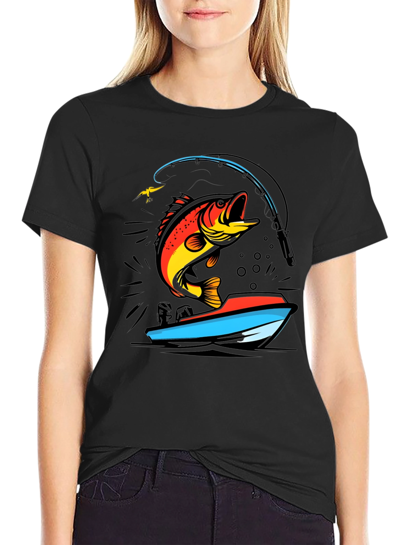 Black Fishing T-Shirt: Bass Jumping From Boat view 2
