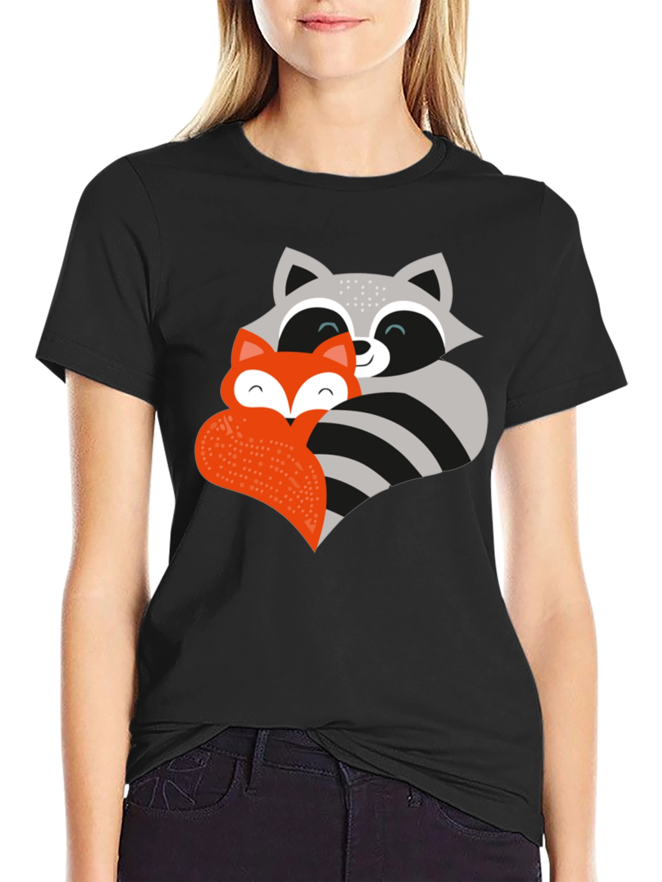 Black Cute Fox and Raccoon Graphic Tee view 2
