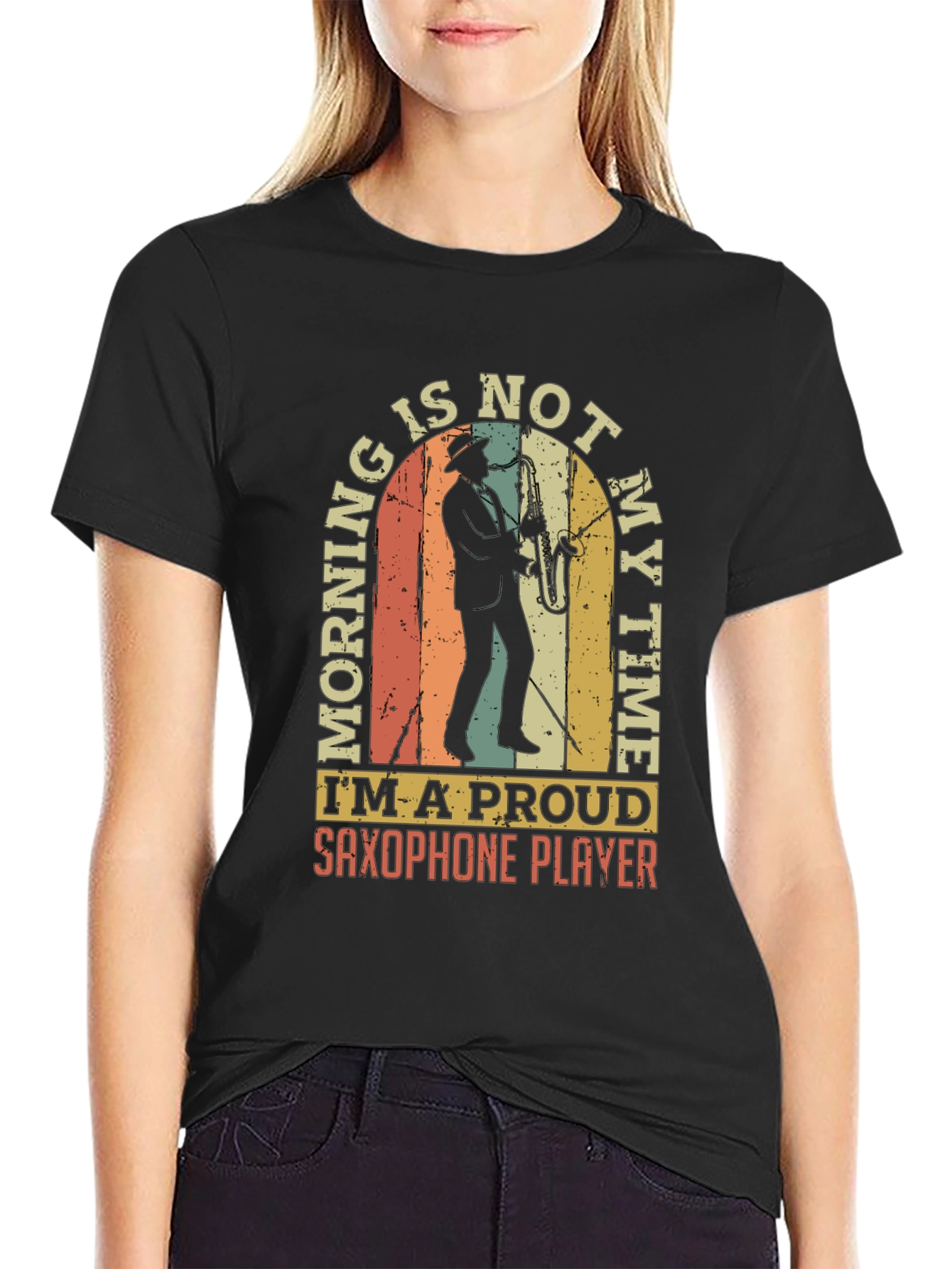 Black Saxophone Player T-Shirt - Morning is Not My Time! view 2