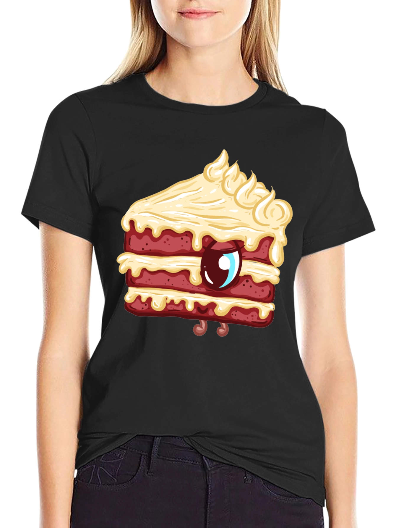 Black Cartoon Cake Slice Graphic Tee - Sweet Style! view 2
