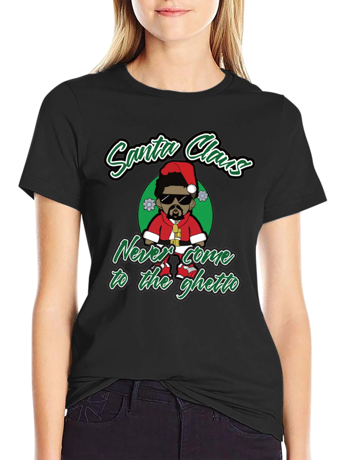 Black Santa Claus Never Come to the Ghetto Black T-Shirt view 2