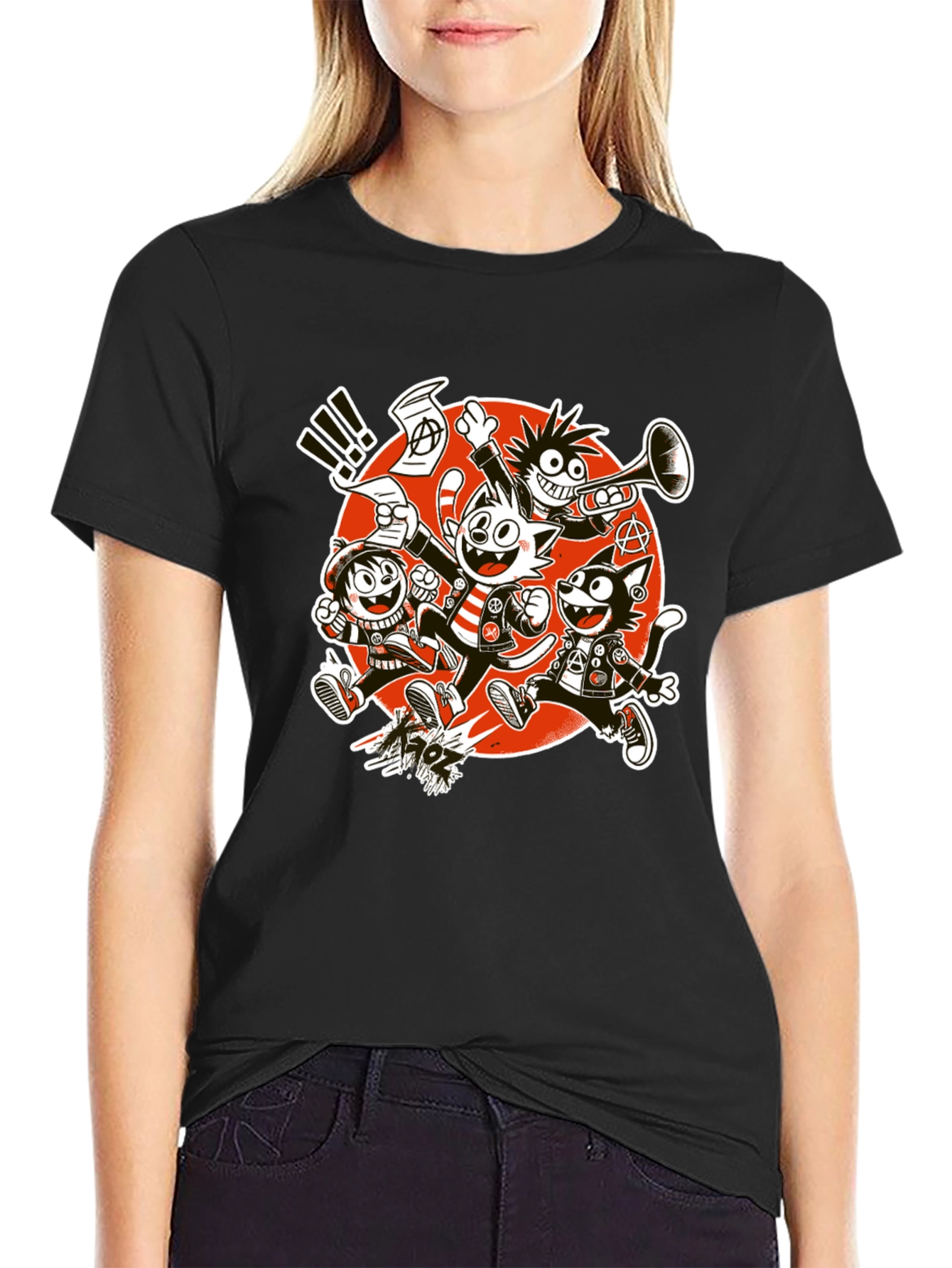 Black Cartoon Punk Band Graphic T-Shirt view 2