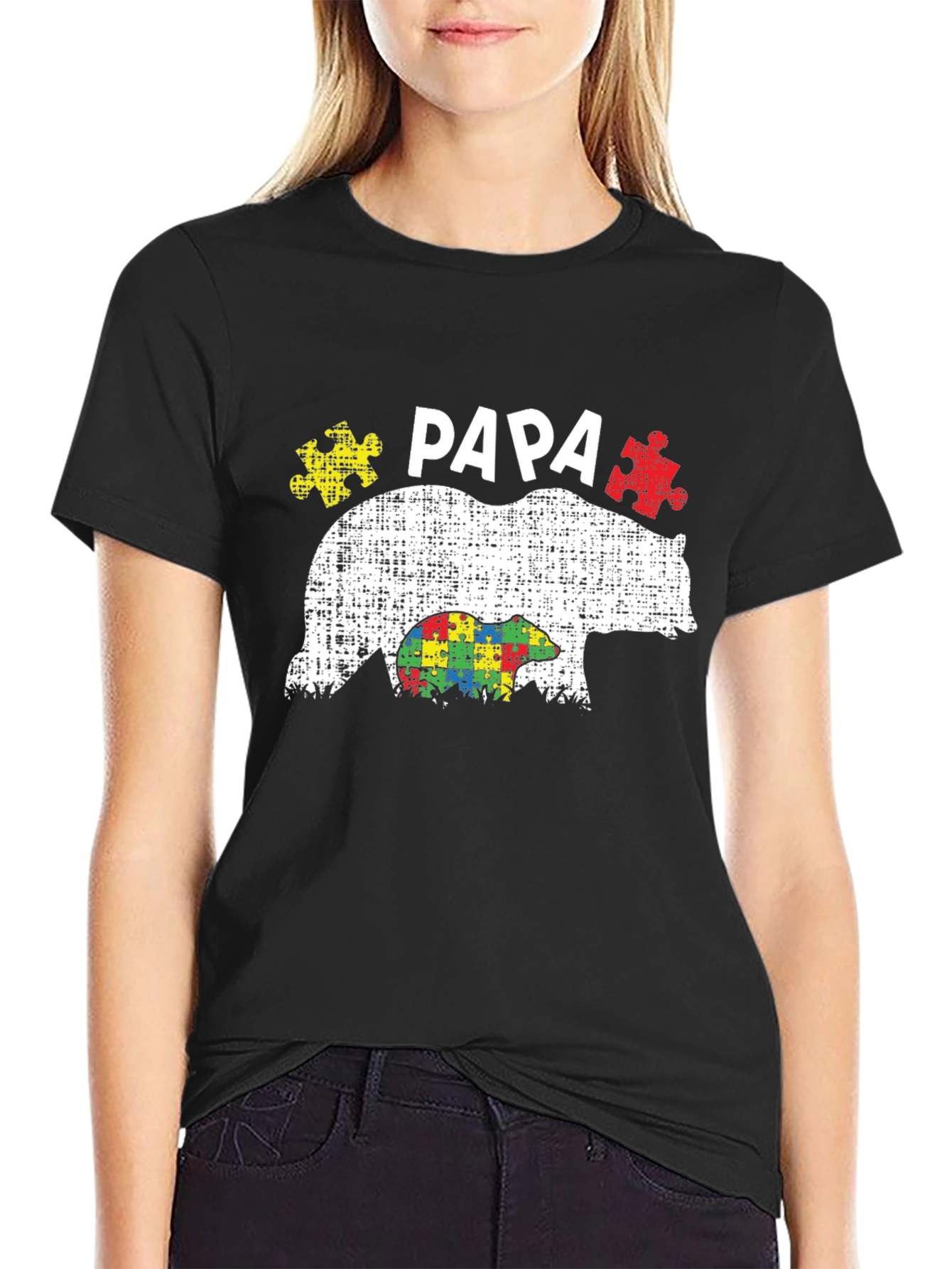 Black Papa Bear Autism Awareness T-Shirt view 2