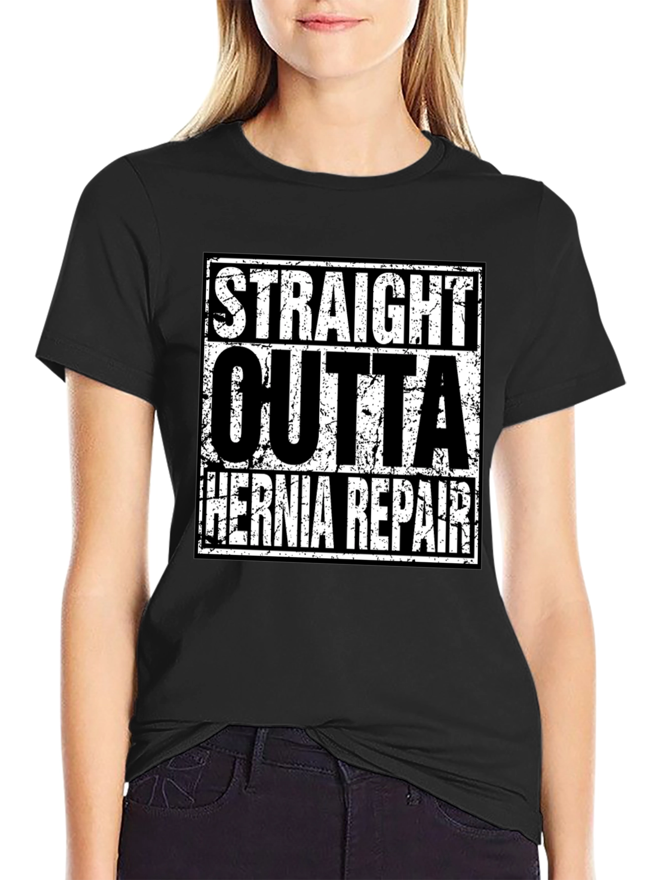 Black Straight Outta Hernia Repair T-Shirt view 2