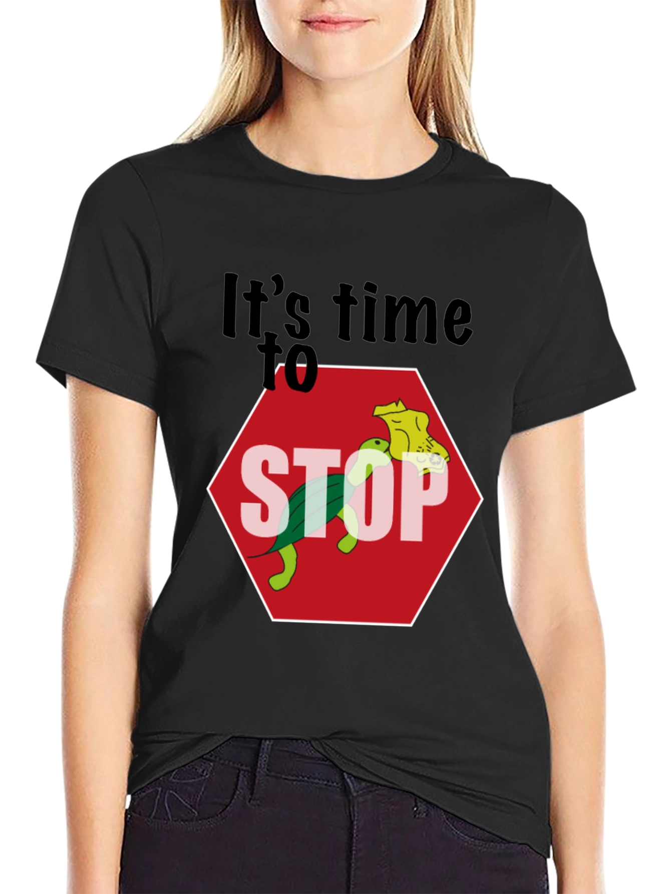 Black Humorous Turtle Stop Sign Graphic Tee view 2
