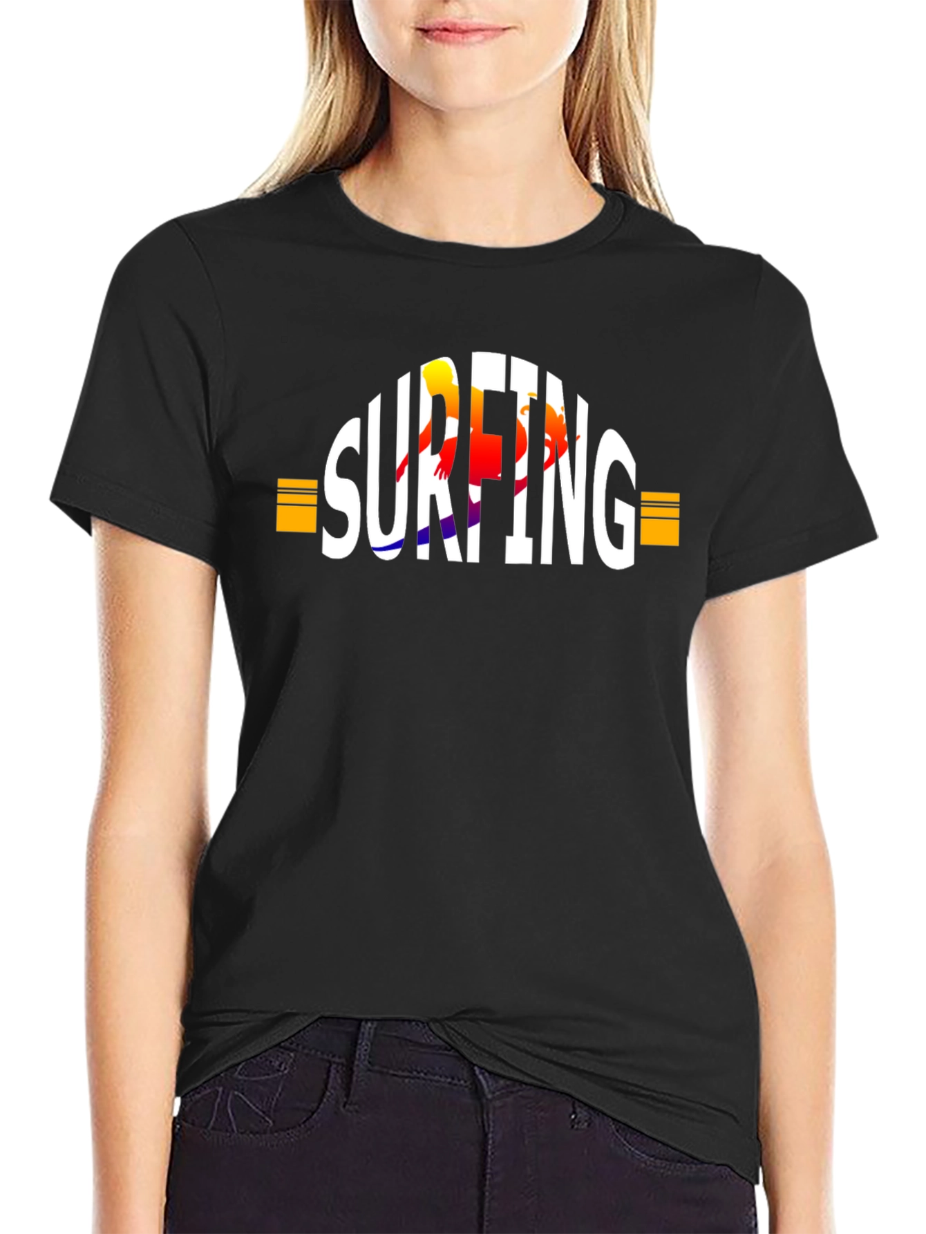 Black Surfing Graphic T-Shirt - Black Cotton Tee view 2
