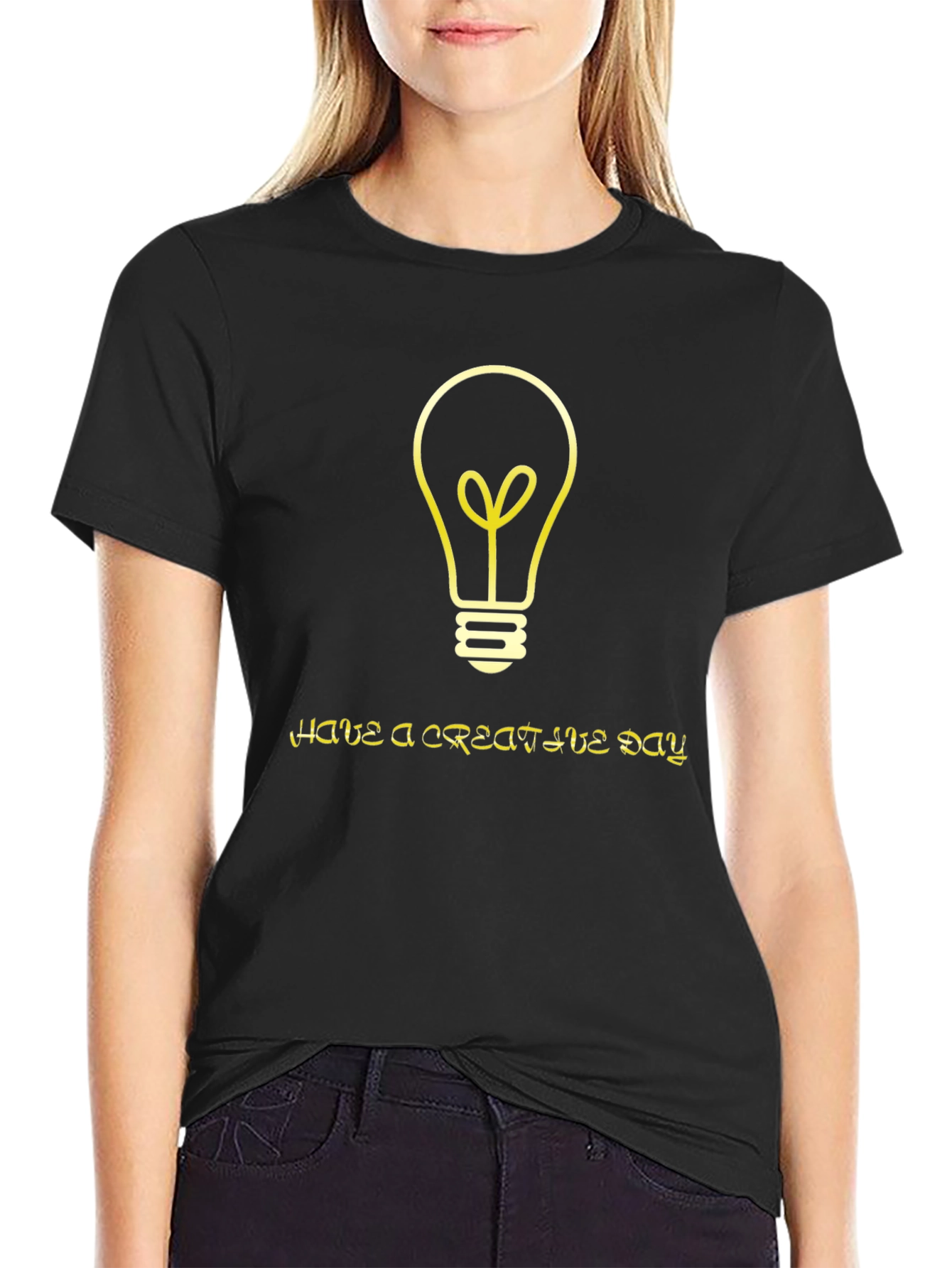 Black Creative Idea T-Shirt - Black Cotton Tee with Lightbulb Graphic view 2